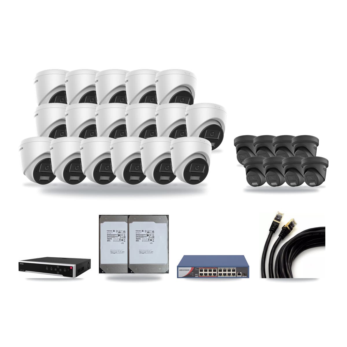 Hikvision 32-Channel 4MP CCTV Kit — 17 DS-2CD1343G2 + 8 DS-2CD2347G2 Turret Cameras + 2× 14TB Recording - Image 1