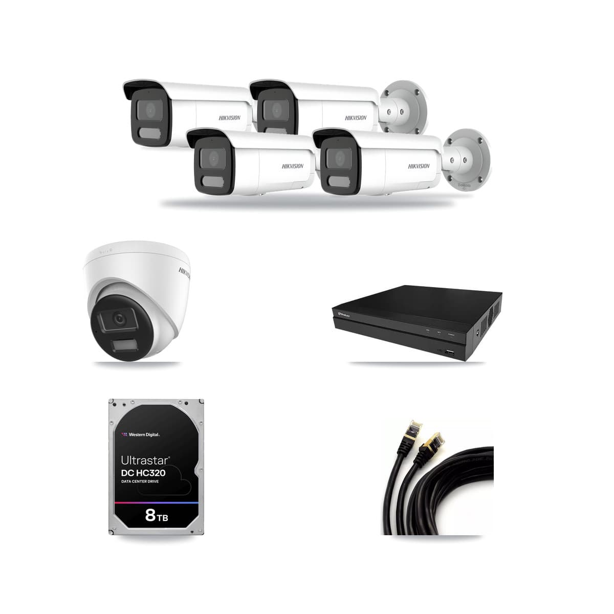 Hikvision & Prolux 8-Channel 4MP – 4K CCTV Kit — 1 DS-2CD1383G2-LIU 4K Turret + 4 DS-2CD2T47G2H-LISU/SL 4MP Bullet Cameras + 8TB Recording (PXN-2108HS-8P-4K Recorder) - Image 1