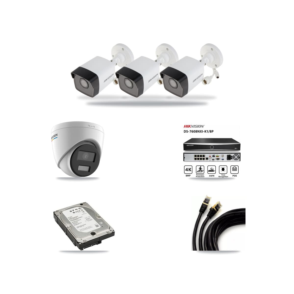 Hikvision 8-Channel 2MP – 5MP CCTV Kit — 3 5MP Bullet + 1 2MP Turret Cameras + 5TB Recording (DS-7608NXI Recorder) - Image 1