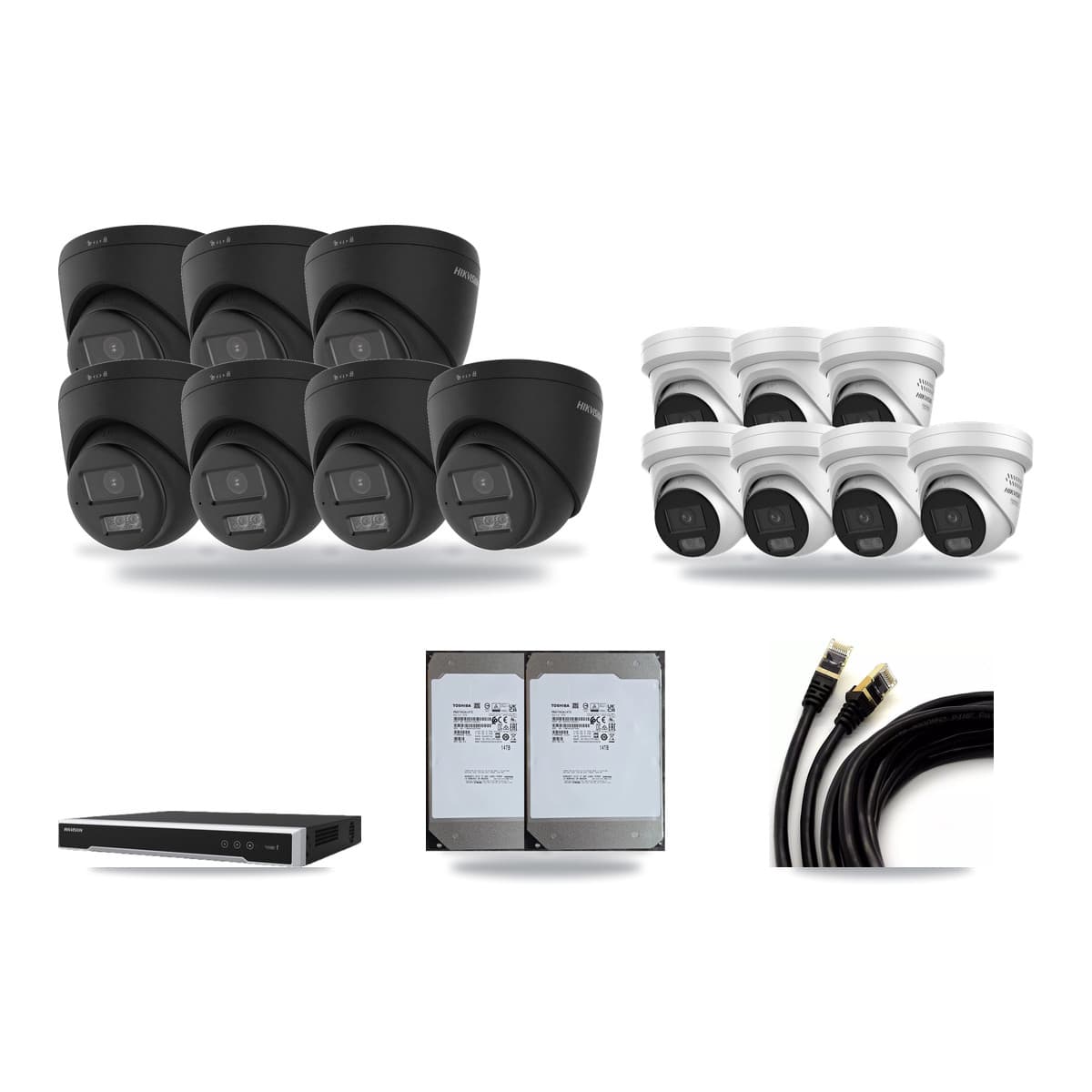 Hikvision 16-Channel 4MP – 4K CCTV Kit — 7 Black 4K + 7 4MP Turret Cameras + 2× 14TB Recording (DS-7616NI-M2 Recorder) - Image 1