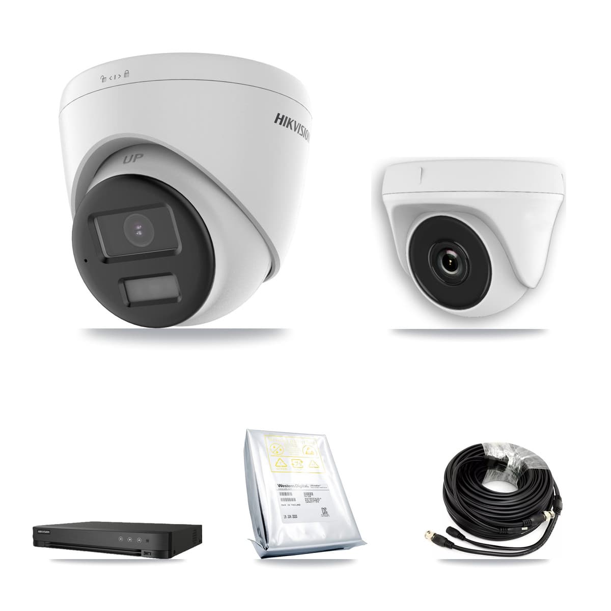 Hikvision 8-Channel 2MP – 5MP CCTV Kit — 4 DS-2CE78K0T 5MP Turret + 4 White HDT-2MP-N20W 2MP Dome Cameras + 8TB Recording (IDS-7208HQHI Recorder)