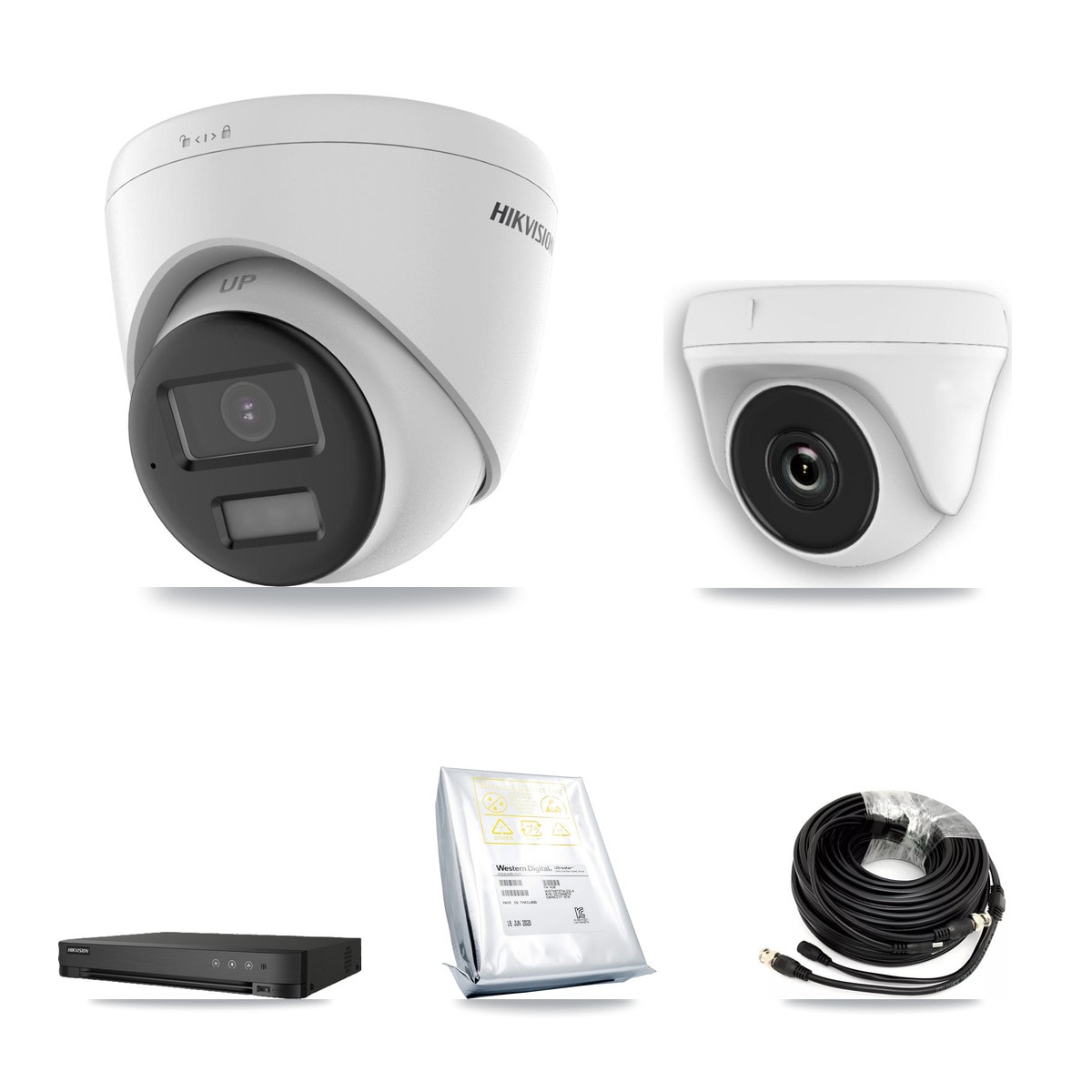 Hikvision 8-Channel 2MP – 5MP CCTV Kit — 4 DS-2CE78K0T 5MP Turret + 4 White HDT-2MP-N20W 2MP Dome Cameras + 8TB Recording (IDS-7208HQHI Recorder) - Image 1