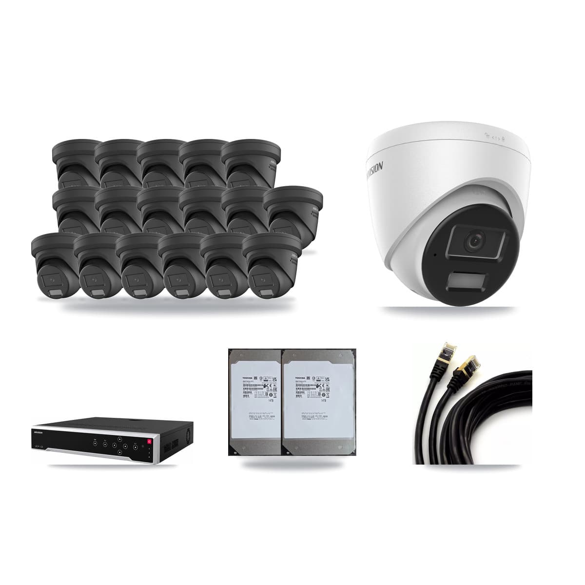 Hikvision 32-Channel 4MP CCTV Kit — 1 DS-2CD1343G2 + 17 DS-2CD2347G2 Turret Cameras + 2× 14TB Recording - Image 1