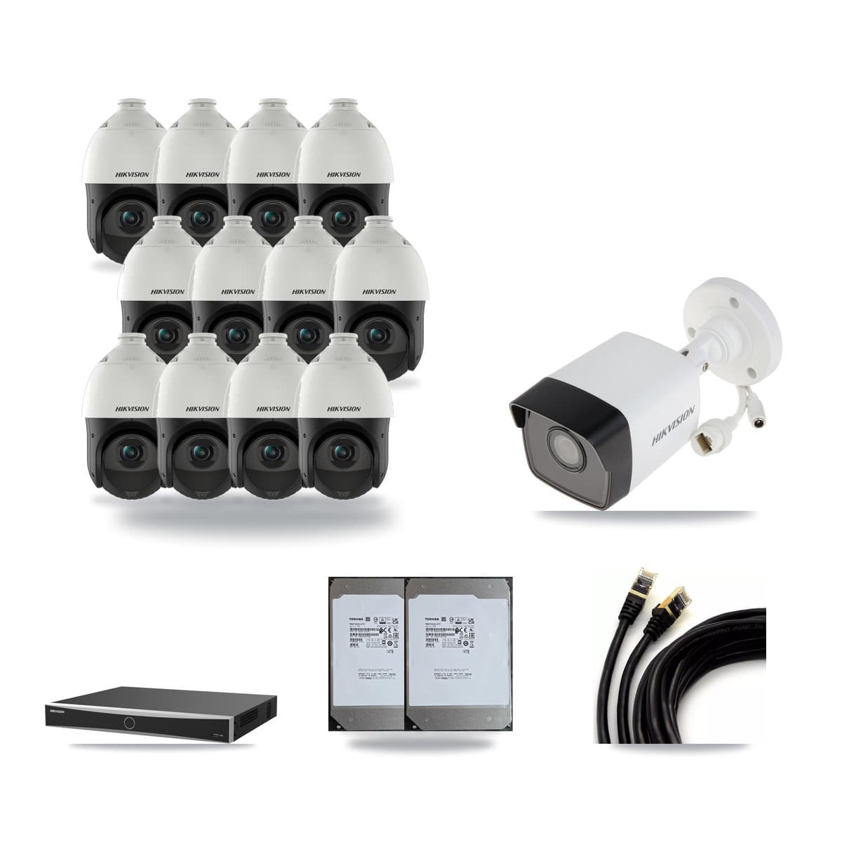 Hikvision 16-Channel 4MP – 5MP CCTV Kit — 1 5MP Bullet + 12 4MP PTZ Cameras + 2× 14TB Recording (DS-7616NXI Recorder) - Image 1