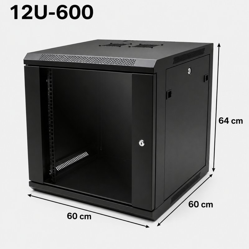 19" 12U Black Data Network Cabinet - Wall-Mount Server & Switch Rack (600mm Depth)