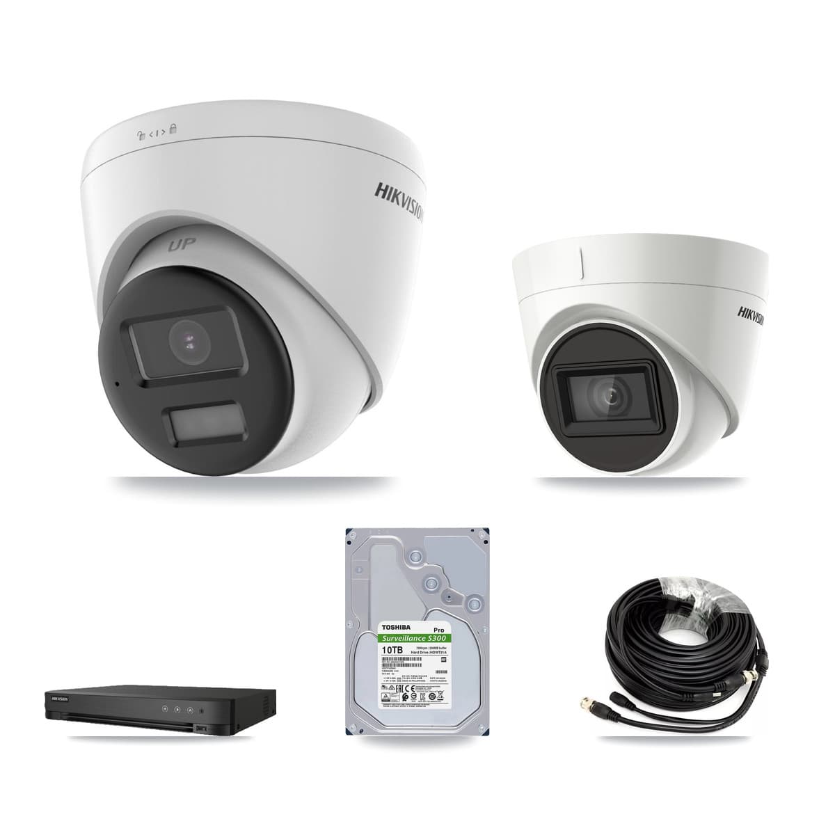 Hikvision 8-Channel 4K CCTV Kit — 2 DS-2CE78U0T-LPTS + 2 DS-2CE78U1T-IT3F Turret Cameras + 10TB Recording (IDS-7208HUHI-M1/E Recorder)