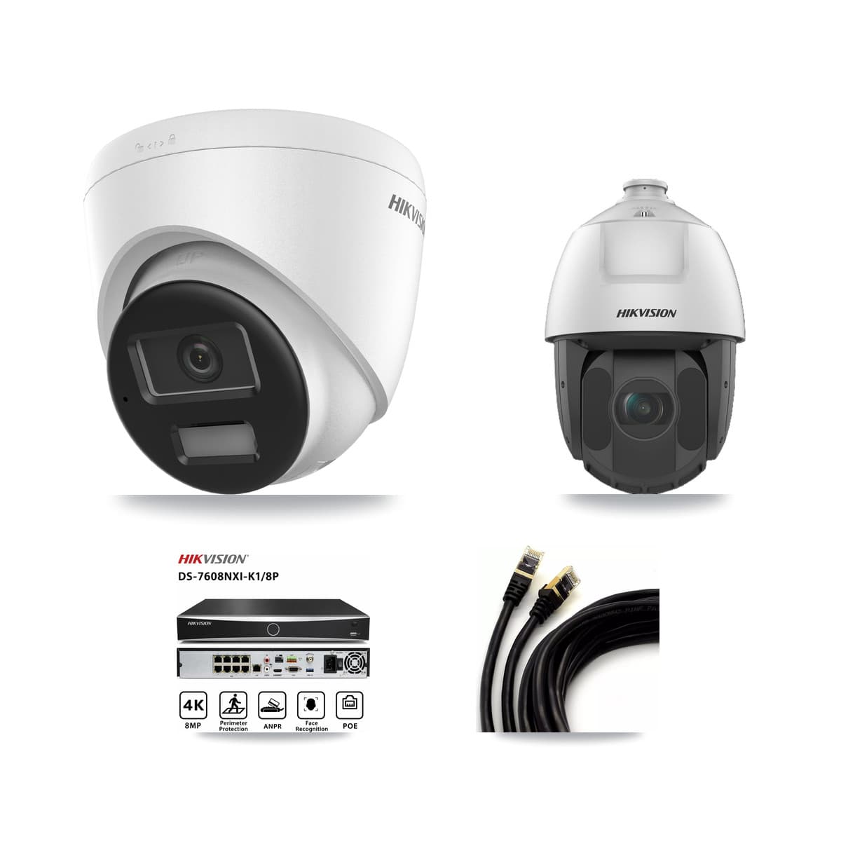 Hikvision 8-Channel 2MP – 4K CCTV Kit — 1 4K Turret + 1 2MP PTZ Cameras + 3TB Recording (DS-7608NXI Recorder)