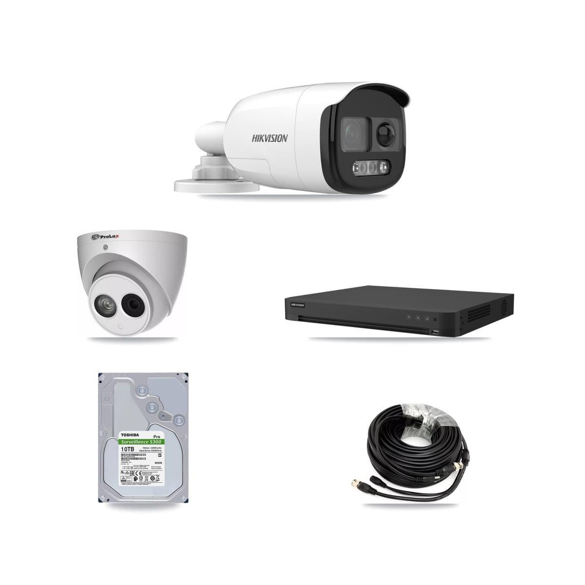 Hikvision & Prolux 32-Channel 4MP – 5MP CCTV Kit — 7 DS-2CE12KF3T 5MP Bullet + 1 PXC-612C4W-A 4MP Turret Cameras + 10TB Recording
