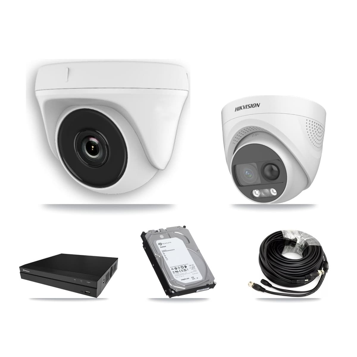 Hikvision & Prolux 8-Channel 2MP – 5MP CCTV Kit — 1 DS-2CE72KF3T 5MP Turret + 7 White HDT-2MP-N20W 2MP Dome Cameras + 6TB Recording (PXD-5208AN Recorder)