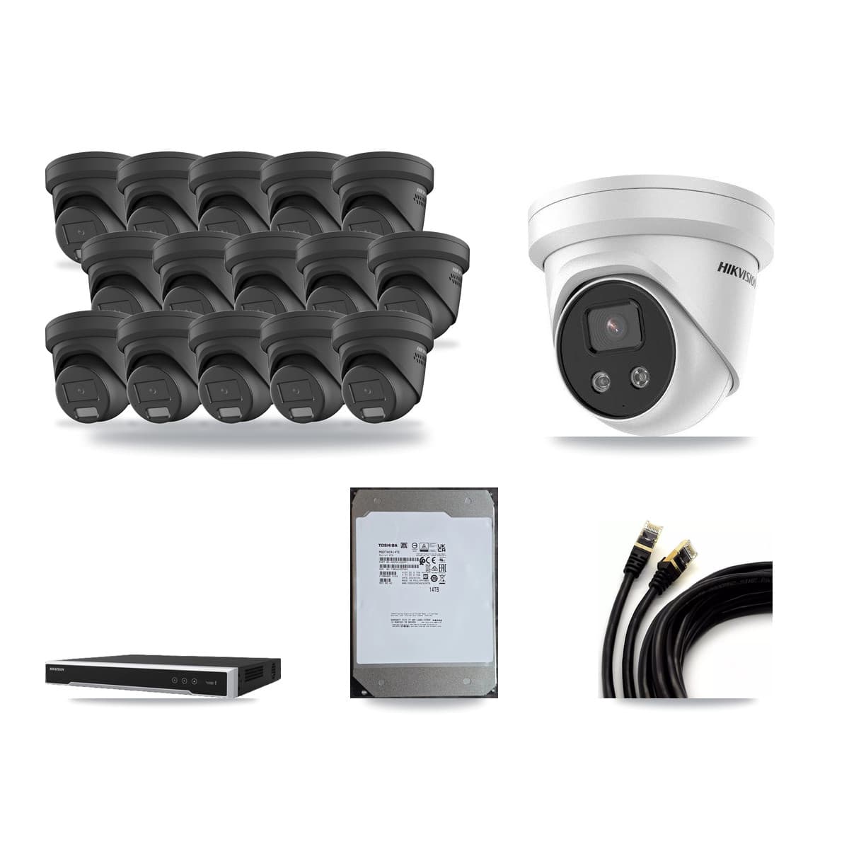Hikvision 16-Channel 4MP – 5MP CCTV Kit — 15 Black 4MP + 1 5MP Turret Cameras + 14TB Recording (DS-7616NI-M2 Recorder) - Image 1