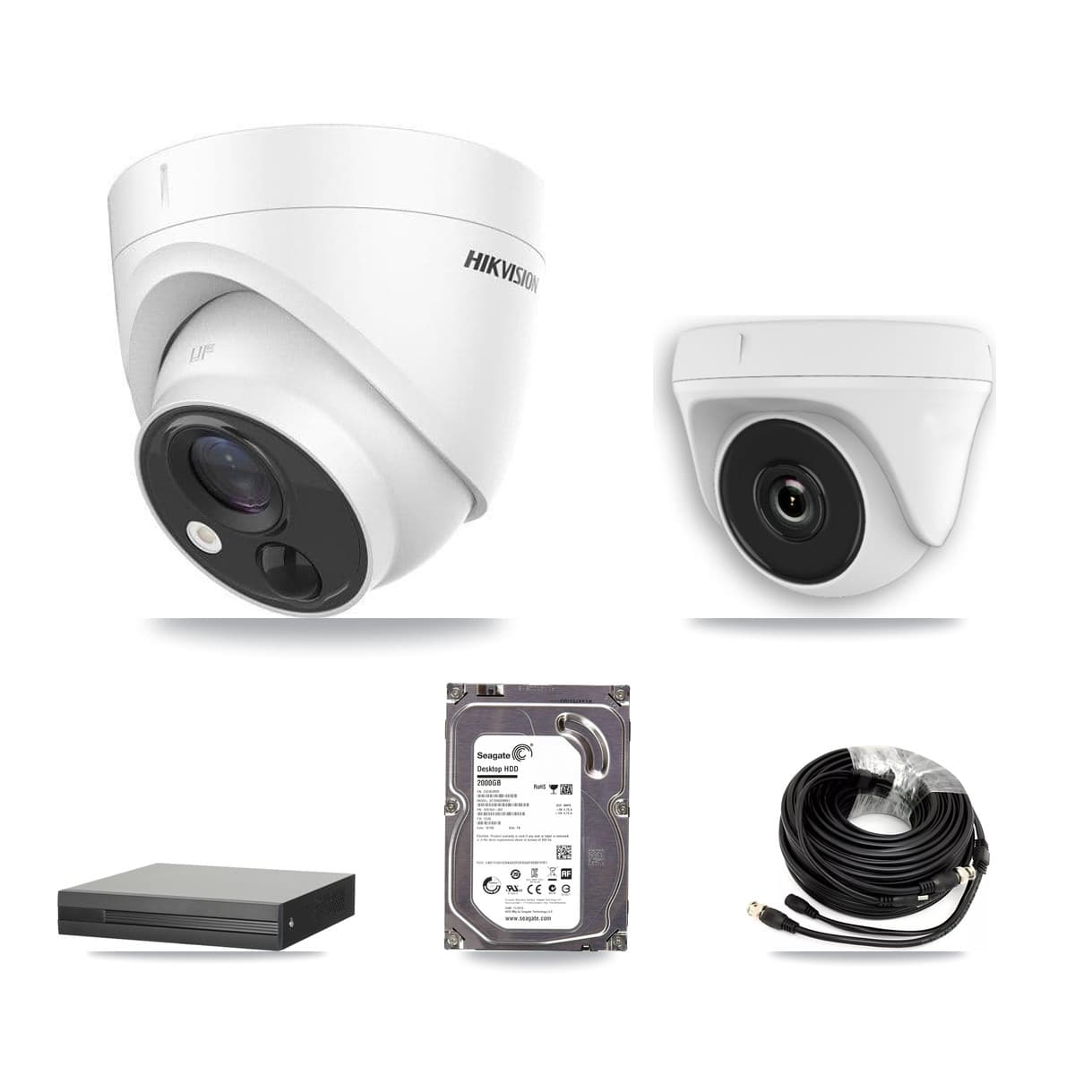 Hikvision 4-Channel 2MP – 5MP CCTV Kit — 1 DS-2CE71H0T 5MP Turret + 1 White HDT-2MP-N20W 2MP Dome Cameras + 2TB Recording (XVR-3104HS Recorder) - Image 1