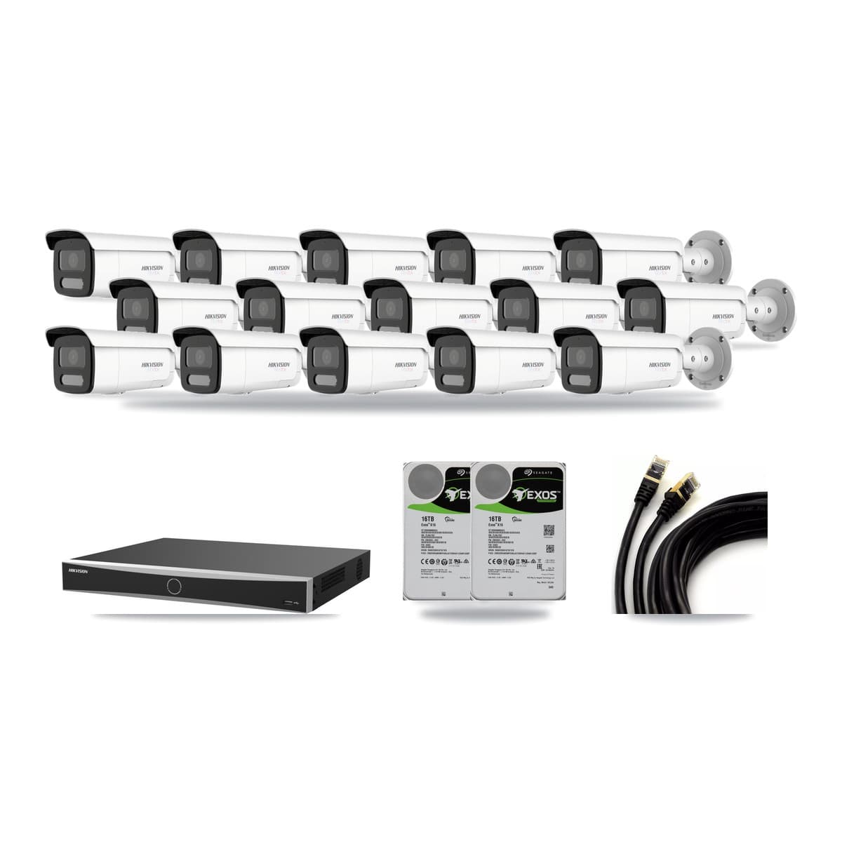 Hikvision 16-Channel 4K CCTV Kit — 15 White Bullet Cameras + 2× 16TB Recording (DS-7616NXI Recorder) - Image 1