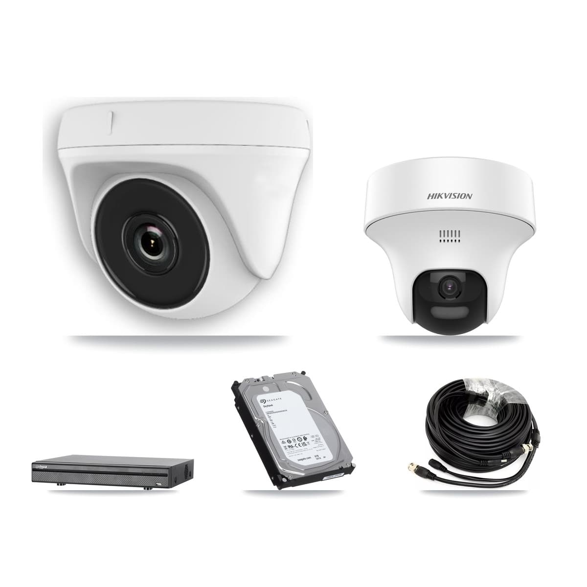 Hikvision & Dahua 8-Channel 2MP – 5MP CCTV Kit — 2 DS-2CE70K0T 5MP Turret + 5 White HDT-2MP-N20W 2MP Dome Cameras + 6TB Recording (DH-XVR5108H Recorder)