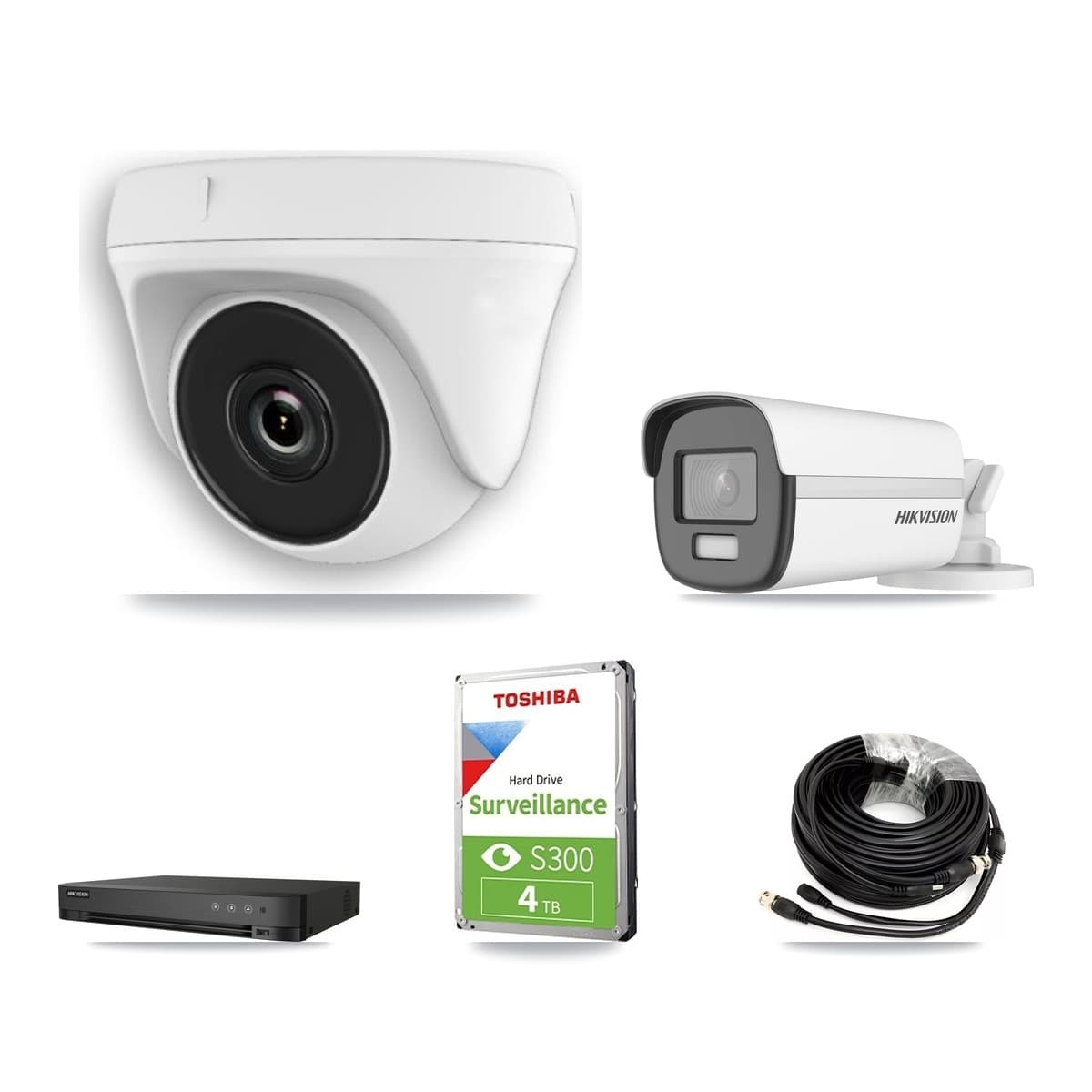Hikvision 4-Channel 2MP – 4K CCTV Kit — 1 4K Bullet + 2 White 2MP Dome Cameras + 4TB Recording (IDS-7204HUHI Recorder)