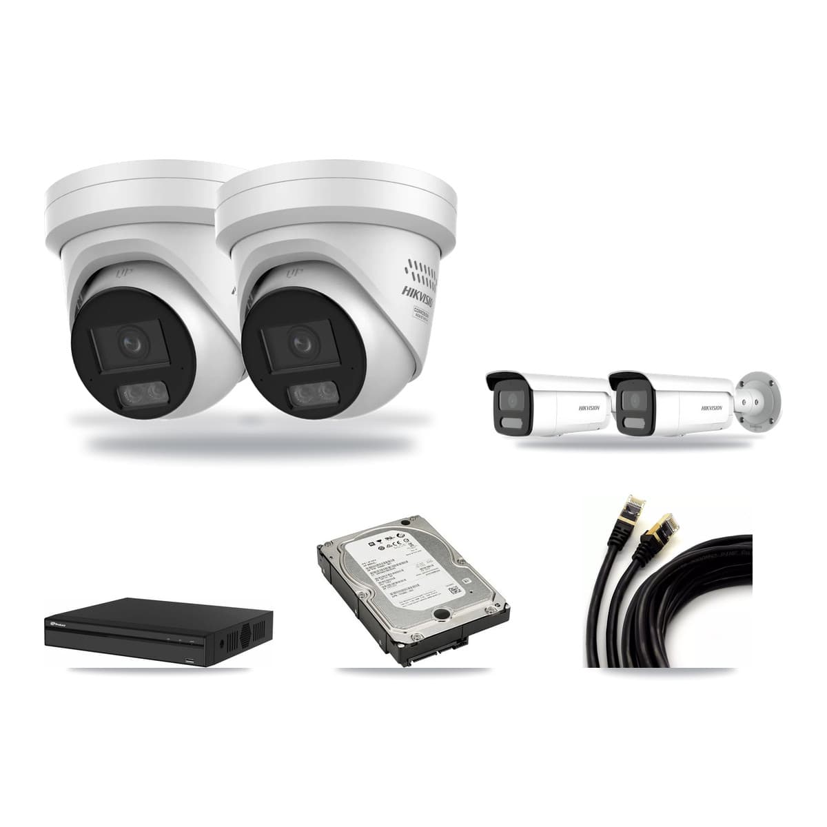Hikvision & Prolux 4-Channel 4MP CCTV Kit — 2 DS-2CD2347G3 Turret + 2 DS-2CD2T47G2H Bullet Cameras + 5TB Recording - Image 1