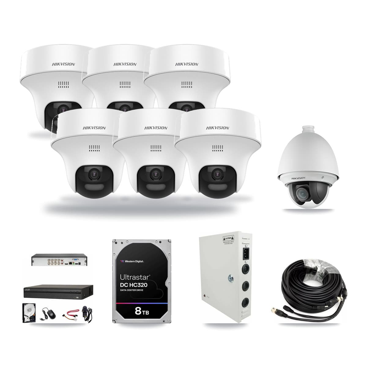 Hikvision & Dahua 8-Channel 2MP – 5MP CCTV Kit — 1 DS-2AE4225T 2MP PTZ + 6 DS-2CE70K0T 5MP Turret Cameras + 8TB Recording - Image 1