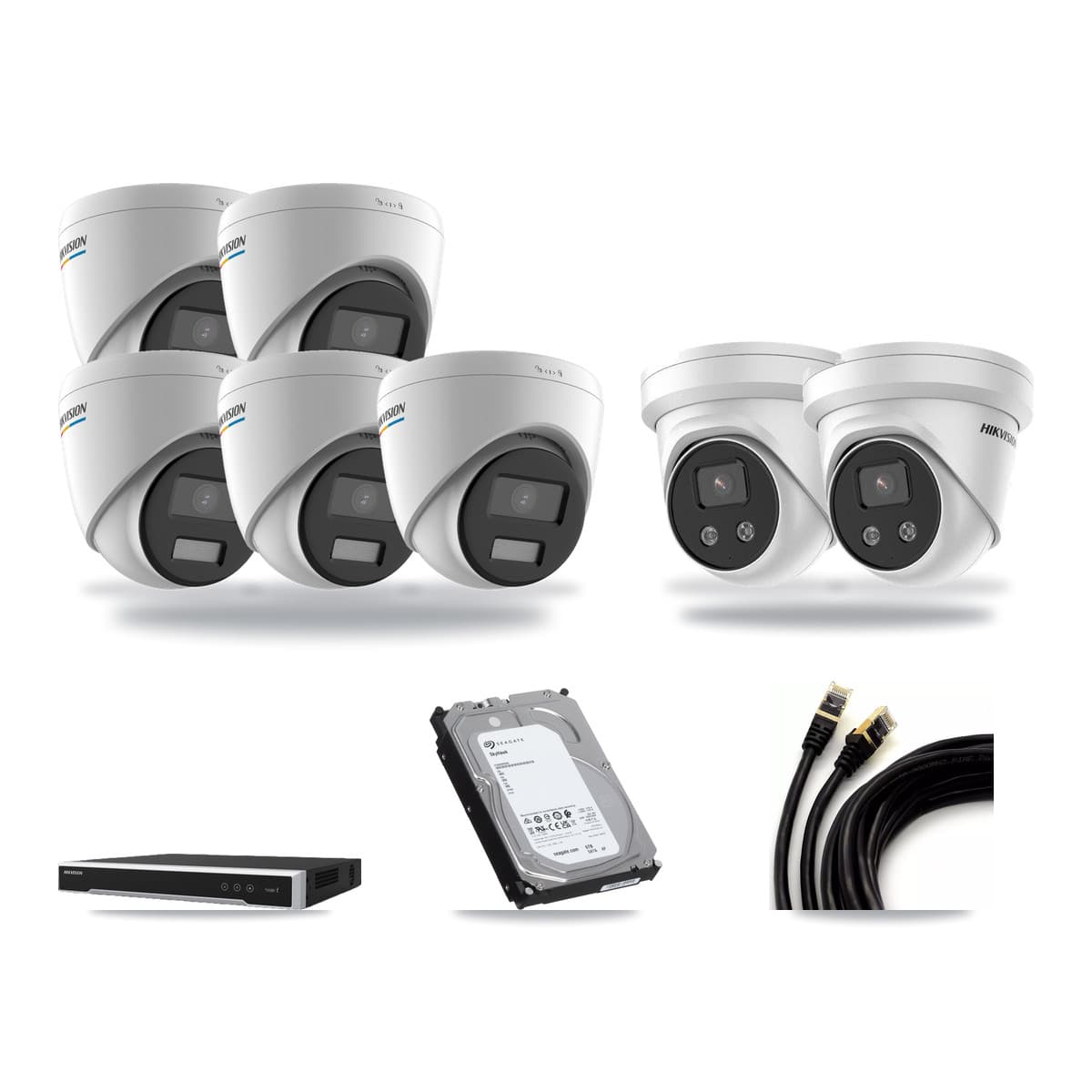 Hikvision 8-channel CCTV kit: 7 cameras (5× 2MP Turret + 2× 5MP Turret), 6TB hard drive