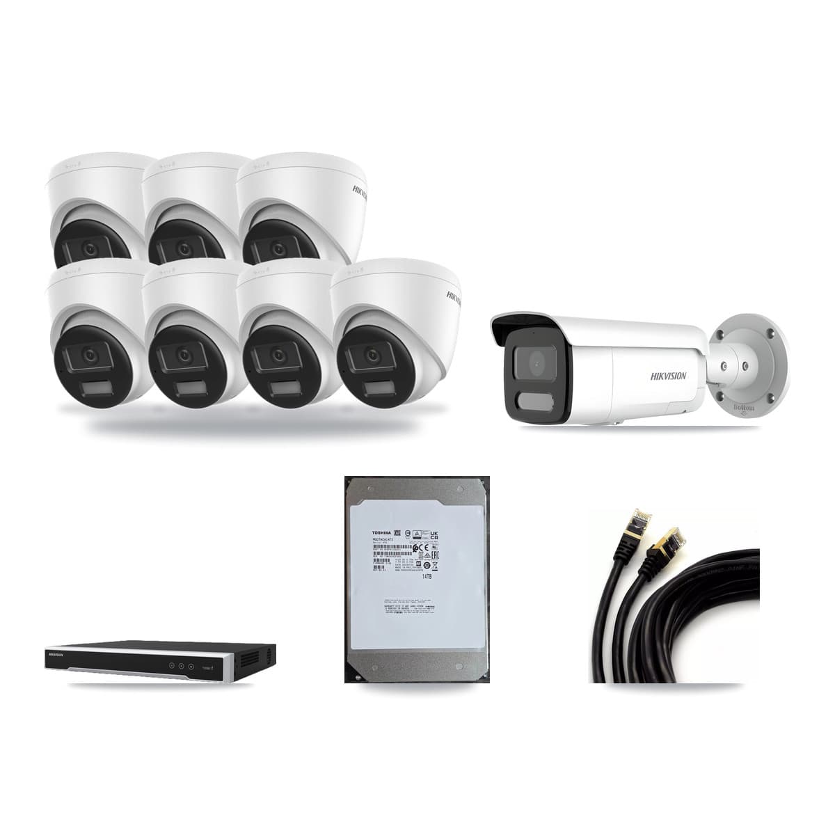 Hikvision 16-Channel 4MP – 4K CCTV Kit — 7 DS-2CD1383G2-LIU 4K Turret + 1 DS-2CD2T47G2H-LISU/SL 4MP Bullet Cameras + 14TB Recording (DS-7616NI-M2/16P Recorder) - Image 1