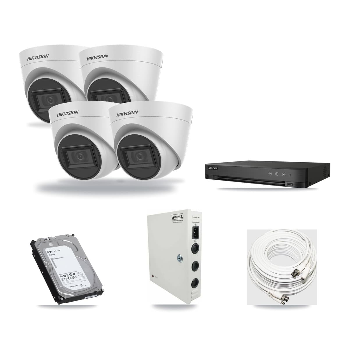 Hikvision 4-Channel 5MP CCTV Kit — 4 White Turret Cameras + 6TB Recording (DS-7204HUHI Recorder) - Image 1