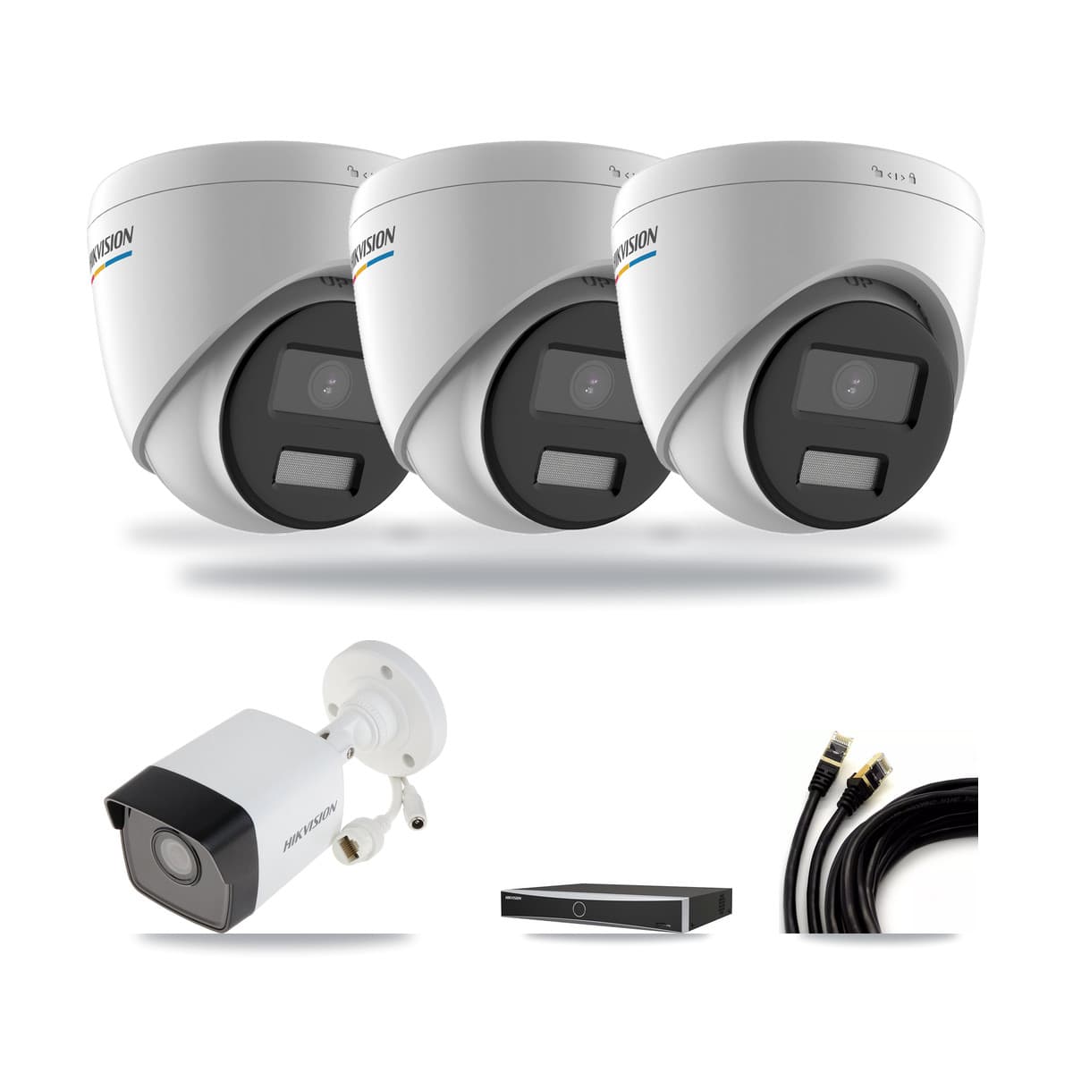 Hikvision 4-Channel 2MP – 5MP CCTV Kit — 1 5MP Bullet + 3 2MP Turret Cameras + 3TB Recording - Image 1