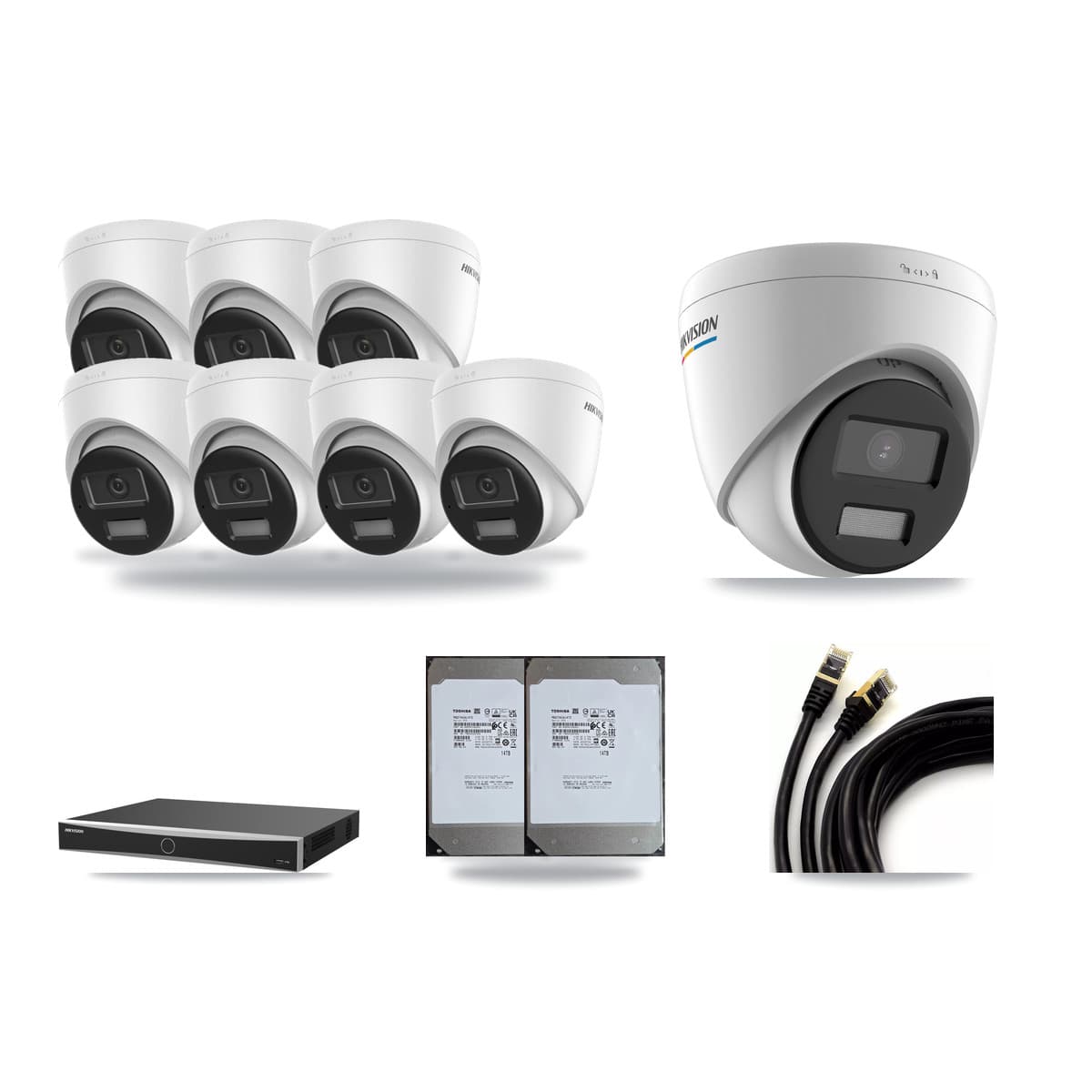 Hikvision 16-Channel 2MP – 4K CCTV Kit — 1 2MP + 7 4K Turret Cameras + 2× 14TB Recording (DS-7616NXI Recorder) - Image 1