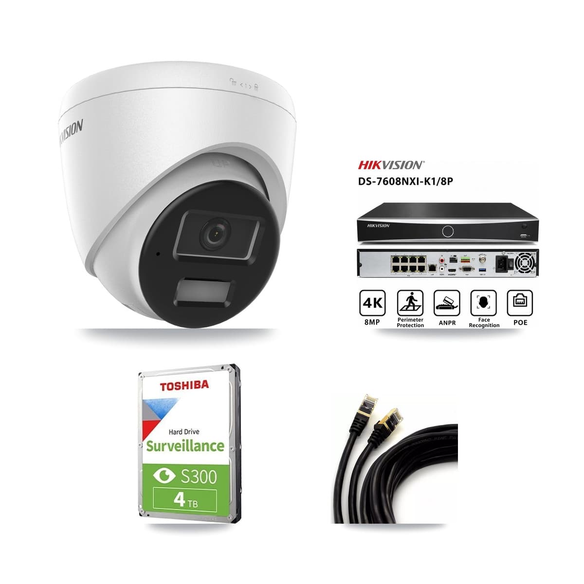 Hikvision 8-Channel 4MP CCTV Kit — 3 DS-2CD1343G2 Turret Cameras + 4TB Recording (DS-7608NXI Recorder)