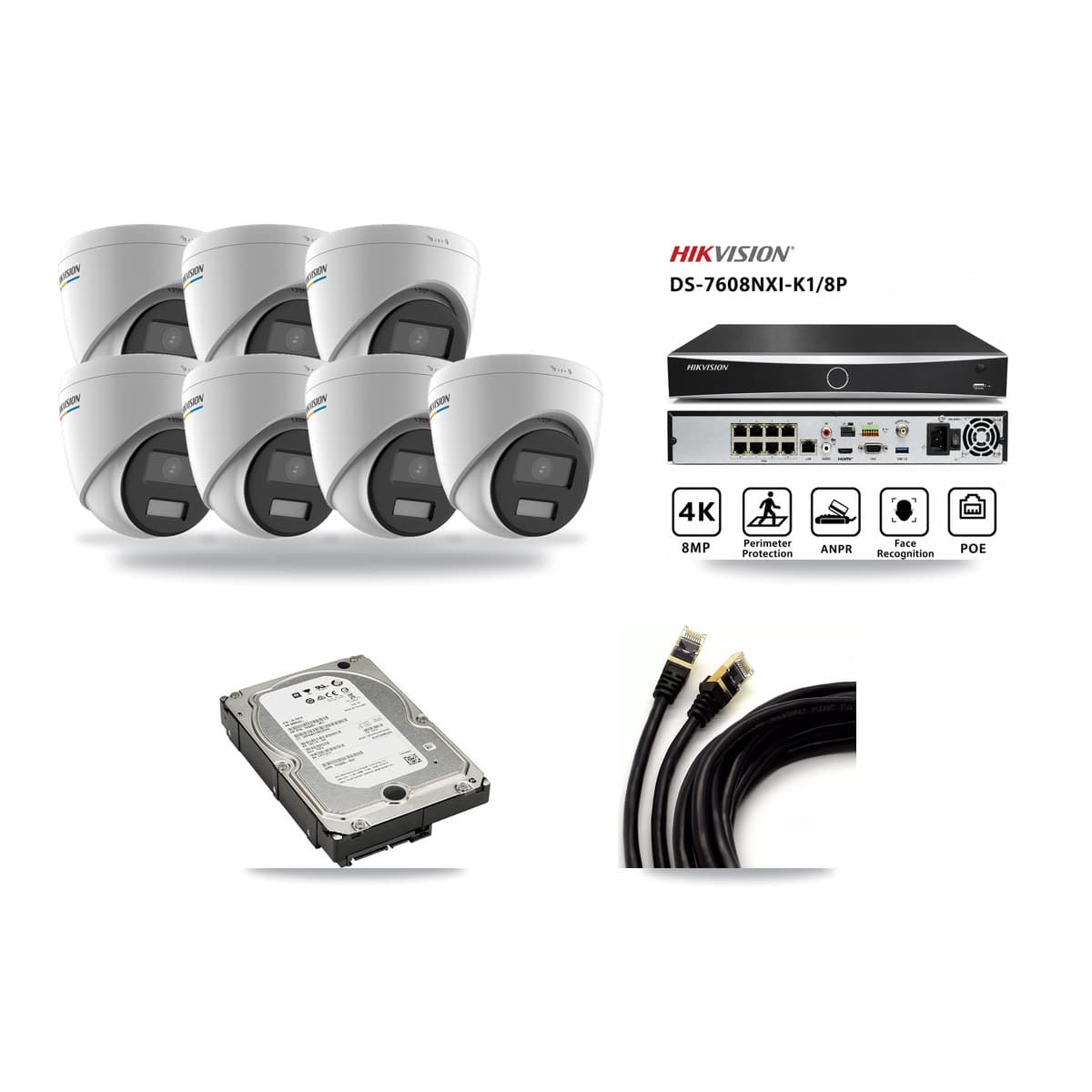 Hikvision 8-Channel 2MP CCTV Kit — 7 Turret Cameras + 5TB Recording (DS-7608NXI Recorder) - Image 1