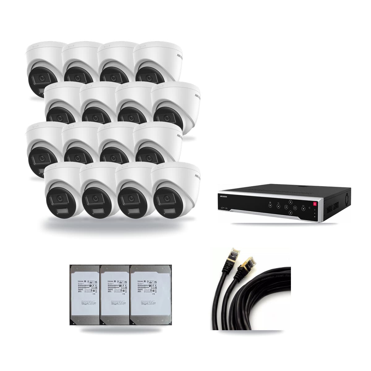 Hikvision 32-Channel 4K CCTV Kit — 16 DS-2CD1383G2-LIU Turret Cameras + 3× 14TB Recording (DS-7732NI-M4/24P Recorder) - Image 1