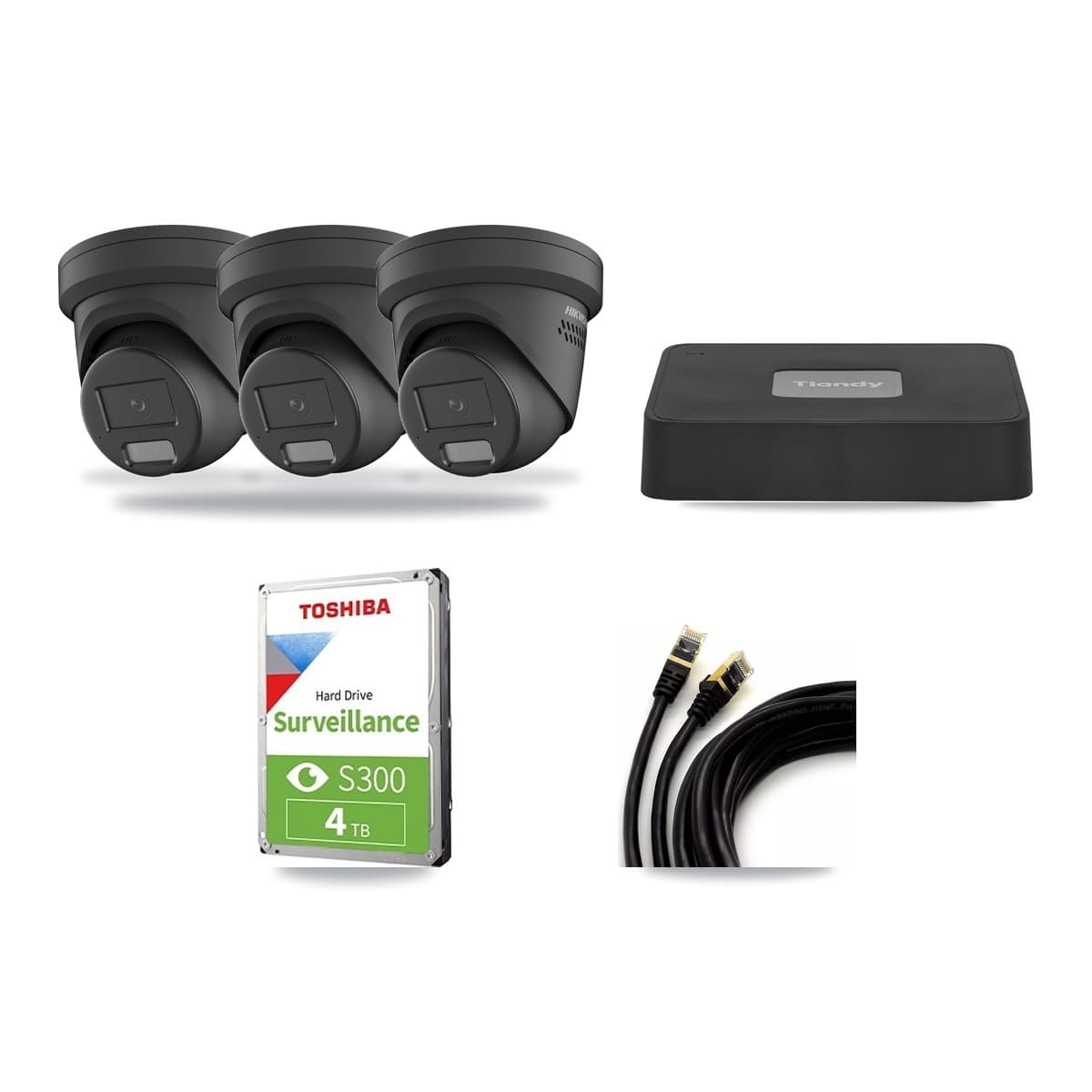Hikvision & Tiandy 4-Channel 4MP CCTV Kit — 3 Black Turret Cameras + 4TB Recording - Image 1