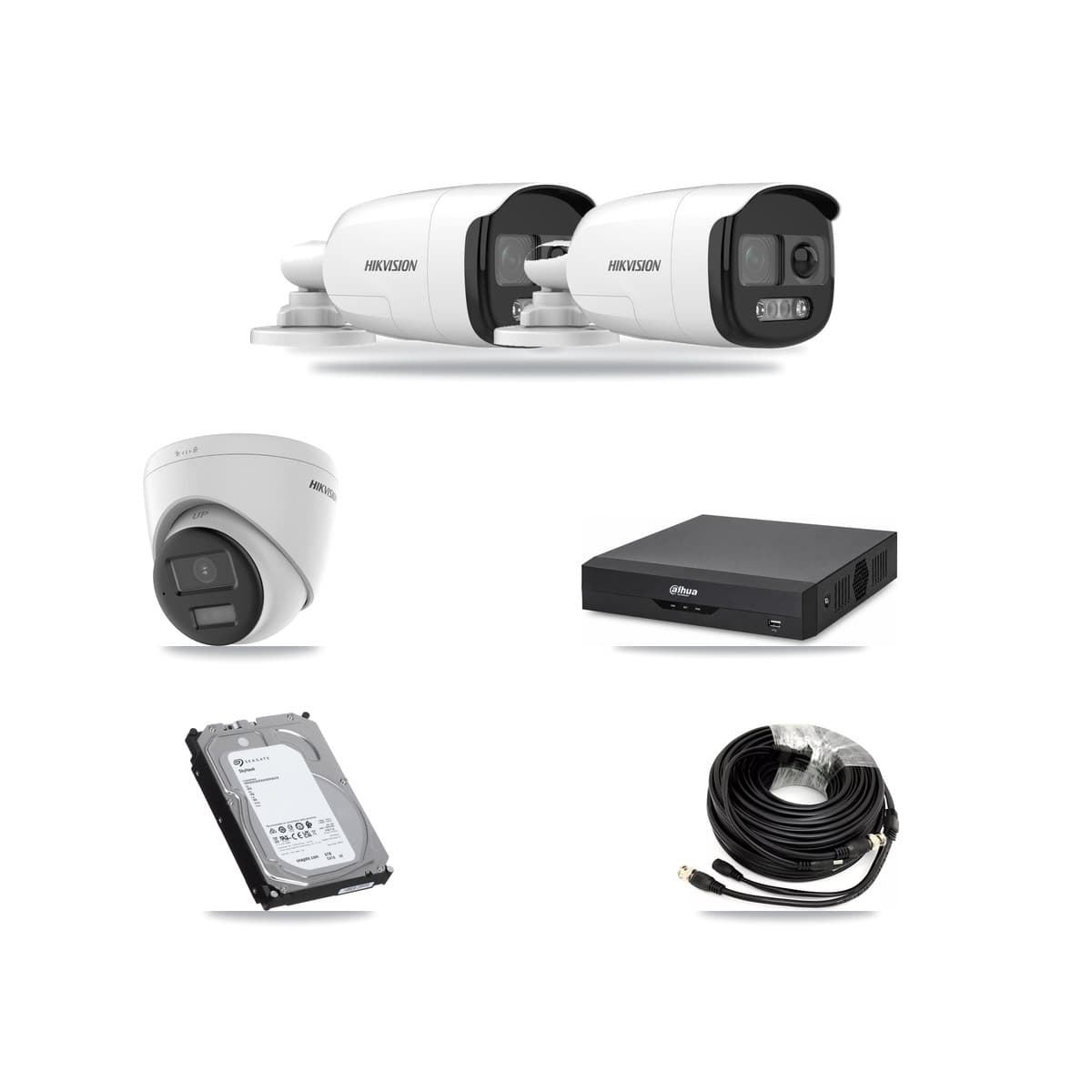 Hikvision & Dahua 4-Channel 5MP – 4K CCTV Kit — 2 DS-2CE12KF3T 5MP Bullet + 1 DS-2CE78U0T 4K Turret Cameras + 6TB Recording - Image 1