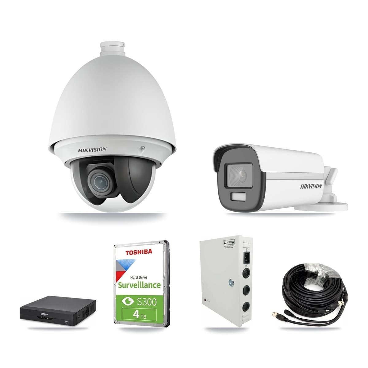 Hikvision & Dahua 4-Channel 2MP – 4K CCTV Kit — 2 2MP PTZ + 1 4K Bullet Cameras + 4TB Recording