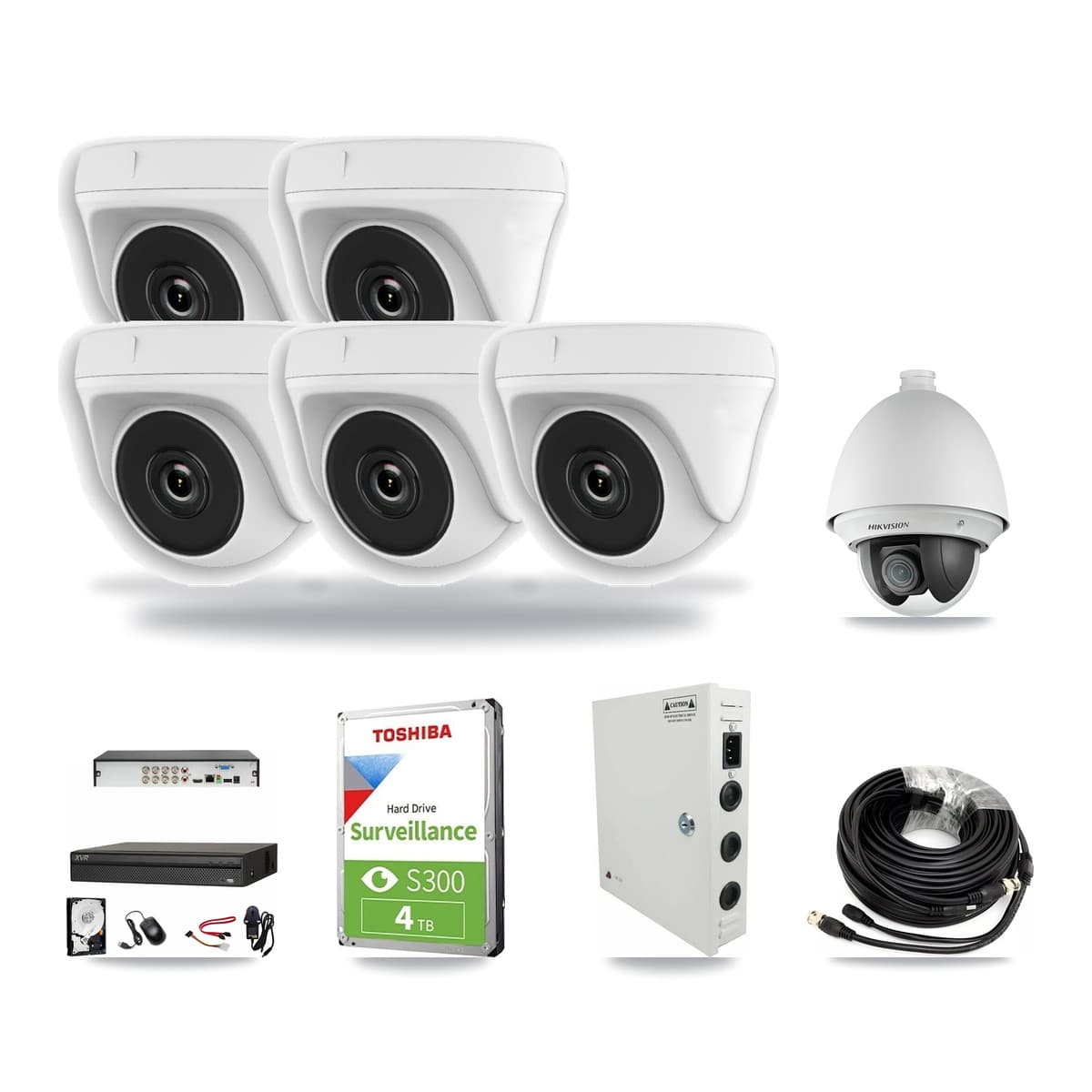 Hikvision & Dahua 8-Channel 2MP CCTV Kit — 1 DS-2AE4225T PTZ + 5 White HDT-2MP-N20W Dome Cameras + 4TB Recording - Image 1