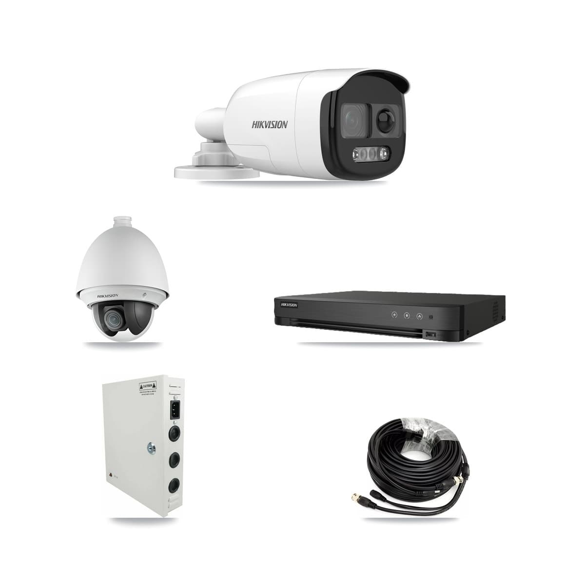 Hikvision 8-Channel 2MP – 5MP CCTV Kit — 1 DS-2AE4225T-A 2MP PTZ + 2 DS-2CE12KF3T-PIRXO 5MP Bullet Cameras + 3TB Recording (IDS-7208HUHI-M1/E Recorder)