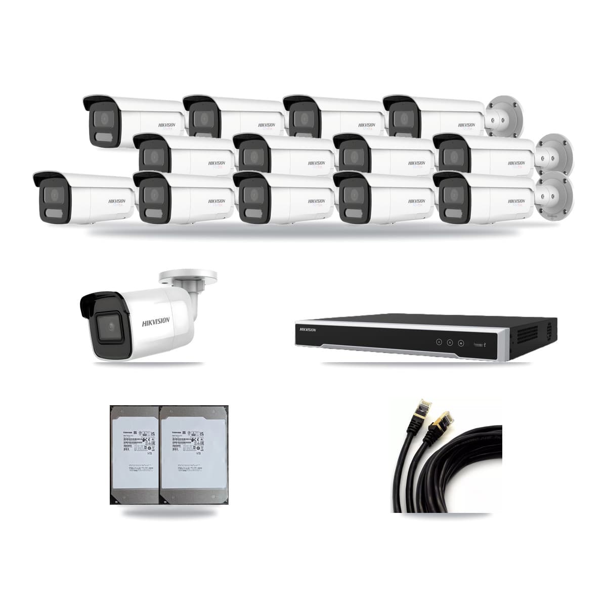 Hikvision 16-Channel 4K CCTV Kit — 1 DS-2CD2085G1 + 13 White DS-2CD2T87G2H Bullet Cameras + 2× 14TB Recording (DS-7616NI-M2 Recorder) - Image 1