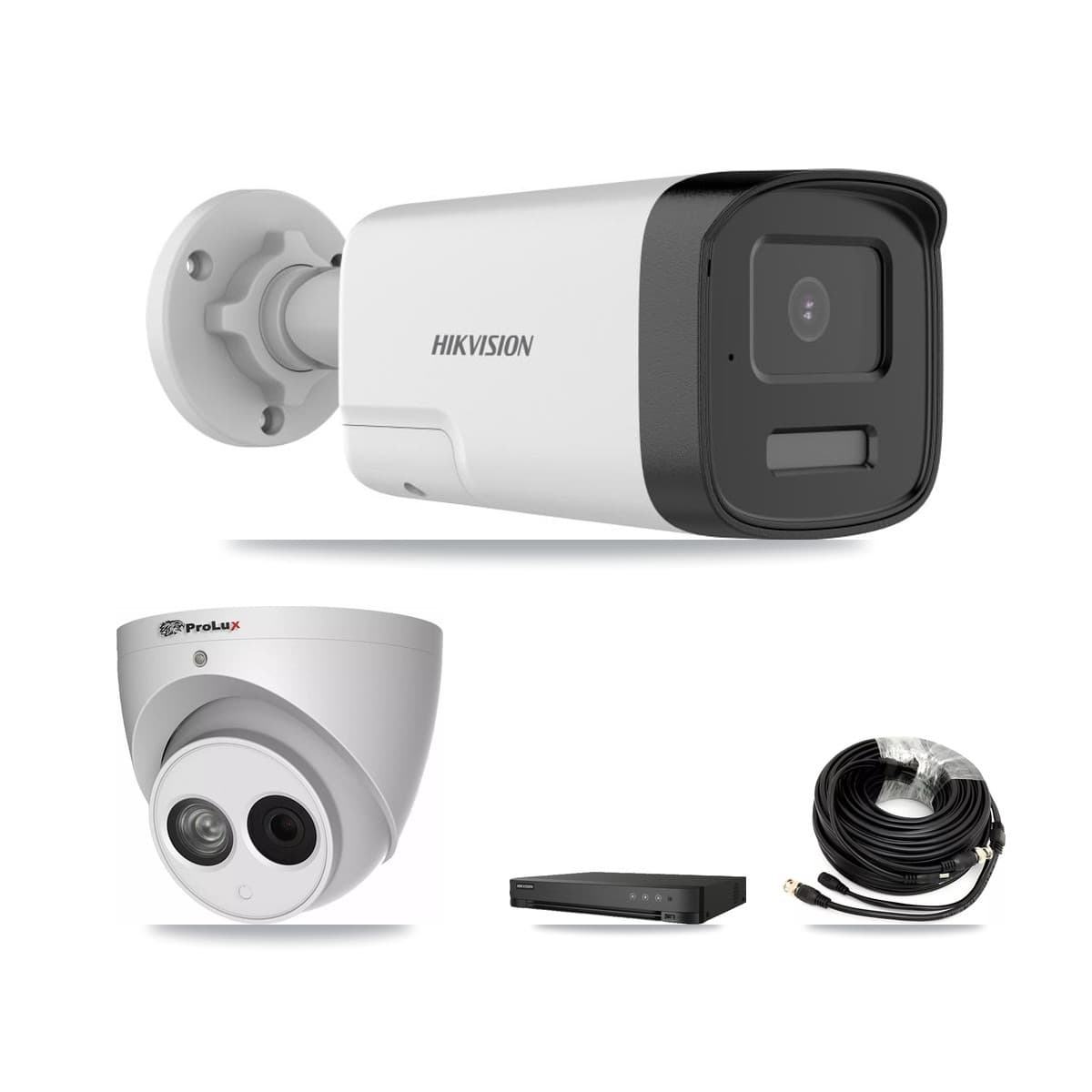 Hikvision & Prolux 8-Channel 4MP – 5MP CCTV Kit — 5 DS-2CE17K0T-LXTS 5MP Bullet + 1 PXC-612C4W-A-POC 4MP Turret Cameras + 8TB Recording (IDS-7208HUHI-M1/E Recorder) - Image 1
