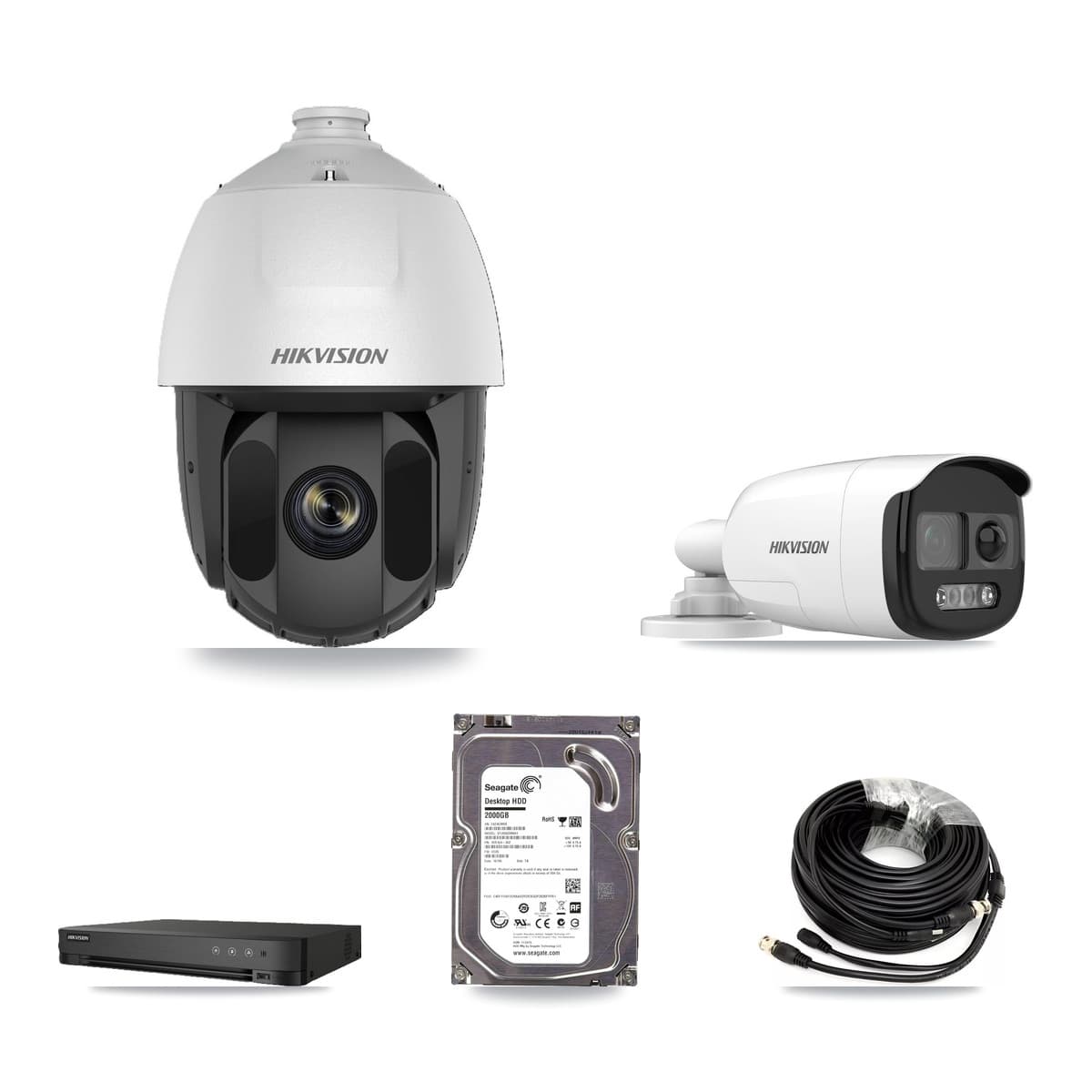 Hikvision 8-Channel 2MP – 5MP CCTV Kit — 1 DS-2AE5225TI 2MP PTZ + 1 DS-2CE12KF3T 5MP Bullet Cameras + 2TB Recording