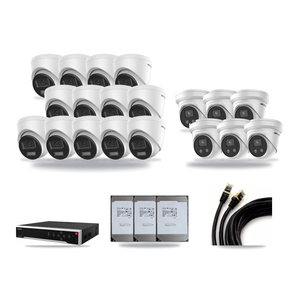 Hikvision 32-Channel 5MP – 4K CCTV Kit — 13 DS-2CD1383G2-LIU 4K + 6 DS-2CD3356G2-ISU 5MP Turret Cameras + 3× 14TB Recording (DS-7732NI-M4/24P Recorder) - Image 1