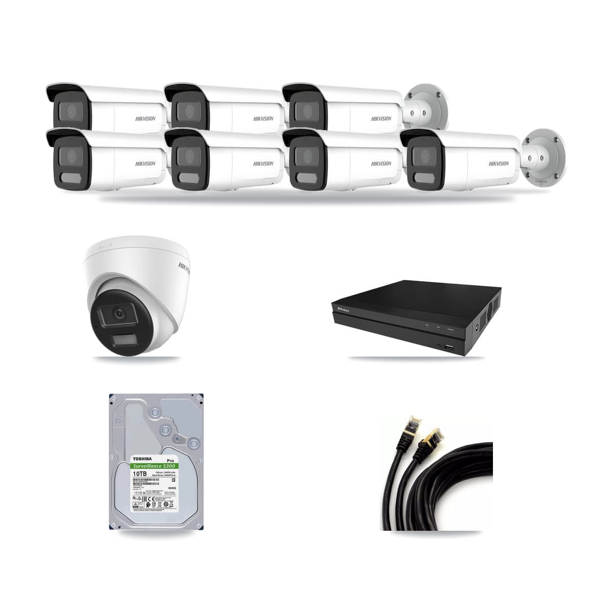 Hikvision & Prolux 8-Channel 4MP – 4K CCTV Kit — 1 DS-2CD1383G2-LIUF/SL 4K Turret + 7 DS-2CD2T47G2H-LISU/SL 4MP Bullet Cameras + 10TB Recording (PXN-2108HS-8P-4K Recorder) - Image 1