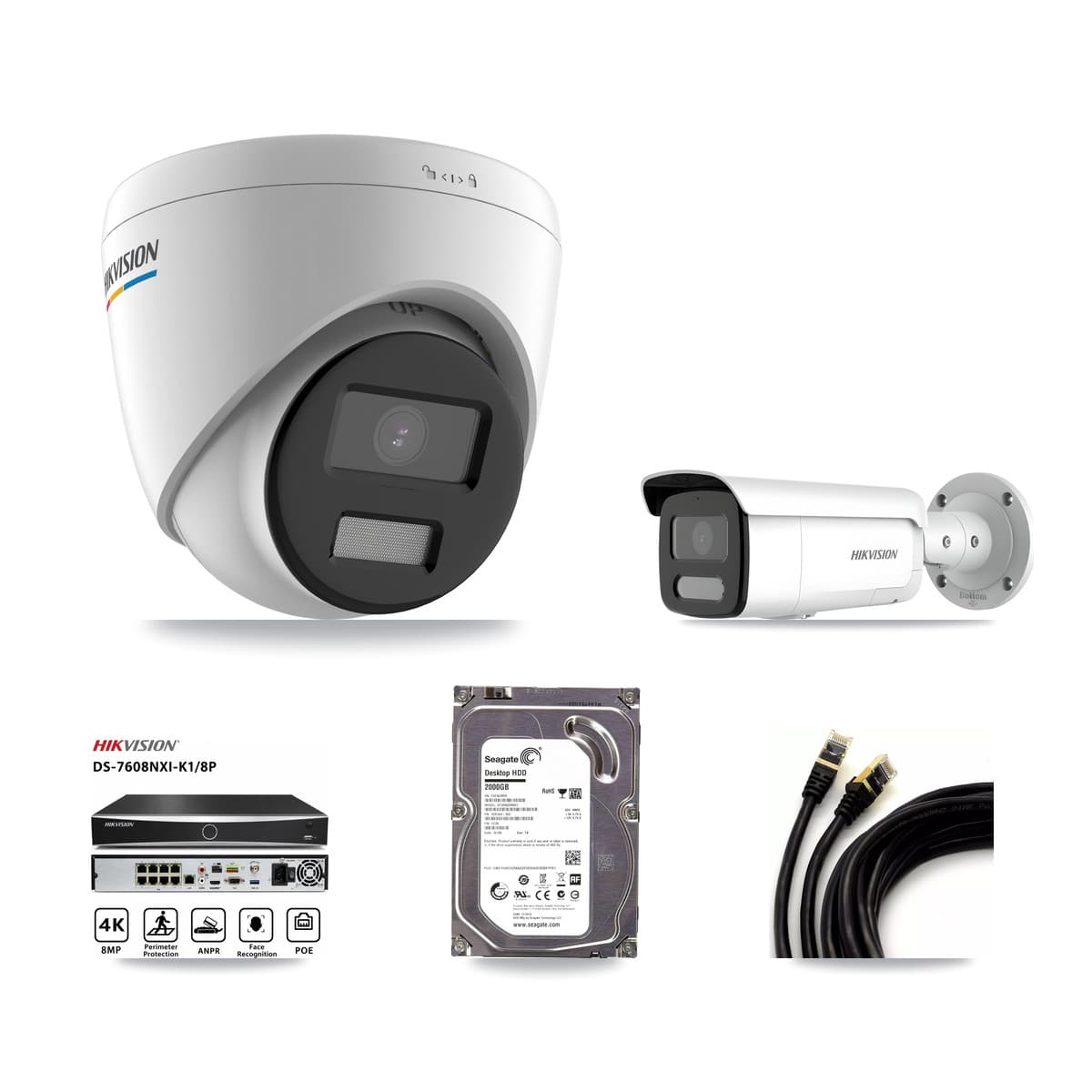 Hikvision 8-Channel 2MP – 4MP CCTV Kit — 1 2MP Turret + 1 4MP Bullet Cameras + 2TB Recording (DS-7608NXI Recorder)