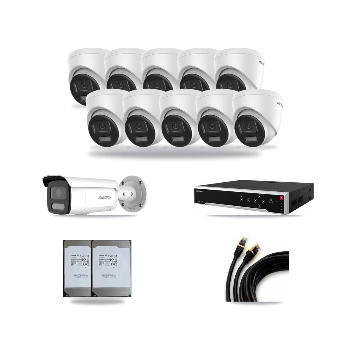Hikvision 32-Channel 4MP – 4K CCTV Kit — 10 DS-2CD1383G2-LIUF/SL 4K Turret + 1 DS-2CD2T47G2H-LISU/SL 4MP Bullet Cameras + 2× 14TB Recording (DS-7732NI-M4/24P Recorder) - Image 1
