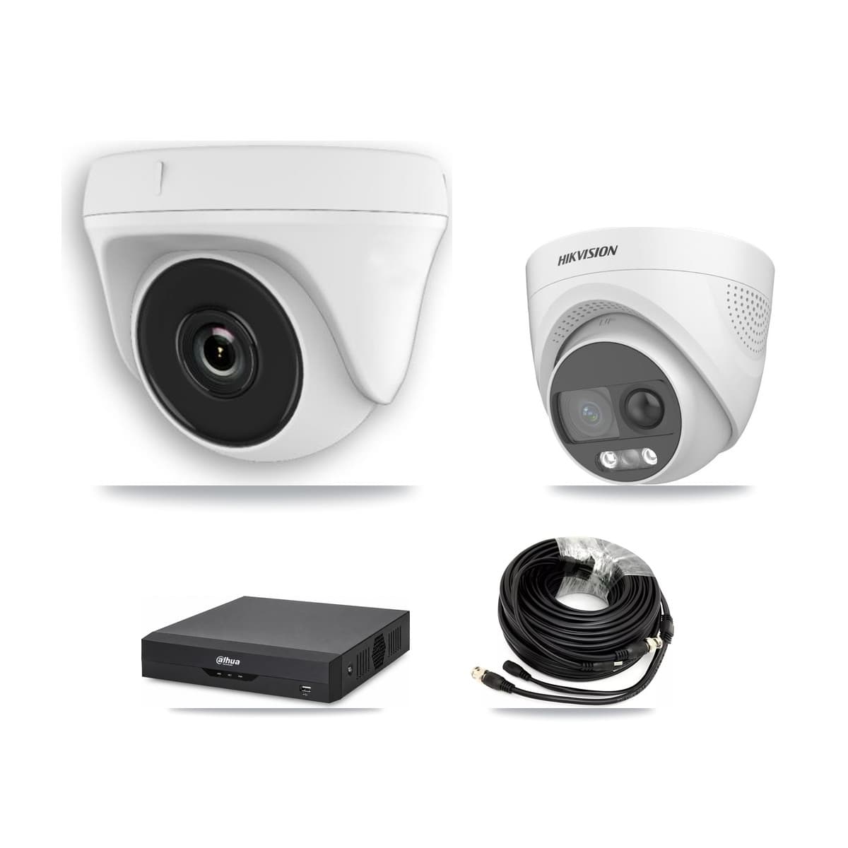 Hikvision & Dahua 4-Channel 2MP – 5MP CCTV Kit — 1 DS-2CE72KF3T 5MP Turret + 3 White HDT-2MP-N20W 2MP Dome Cameras + 3TB Recording