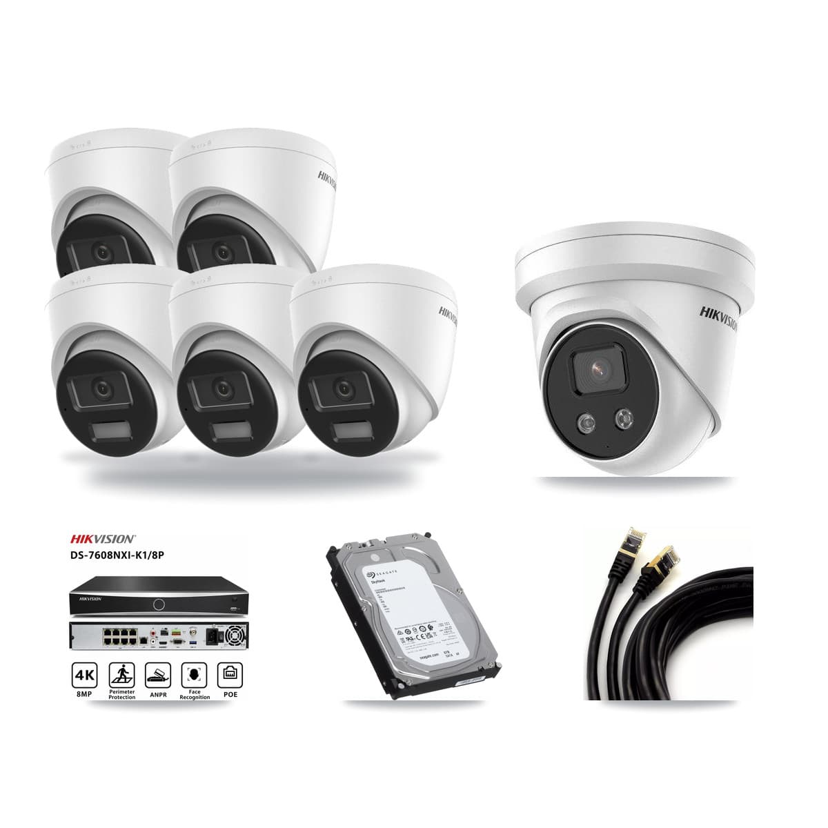 Hikvision 8-Channel 5MP – 4K CCTV Kit — 5 DS-2CD1383G2-LIUF/SL 4K + 1 DS-2CD3356G2-ISU 5MP Turret Cameras + 6TB Recording (DS-7608NXI-K1/8P Recorder) - Image 1