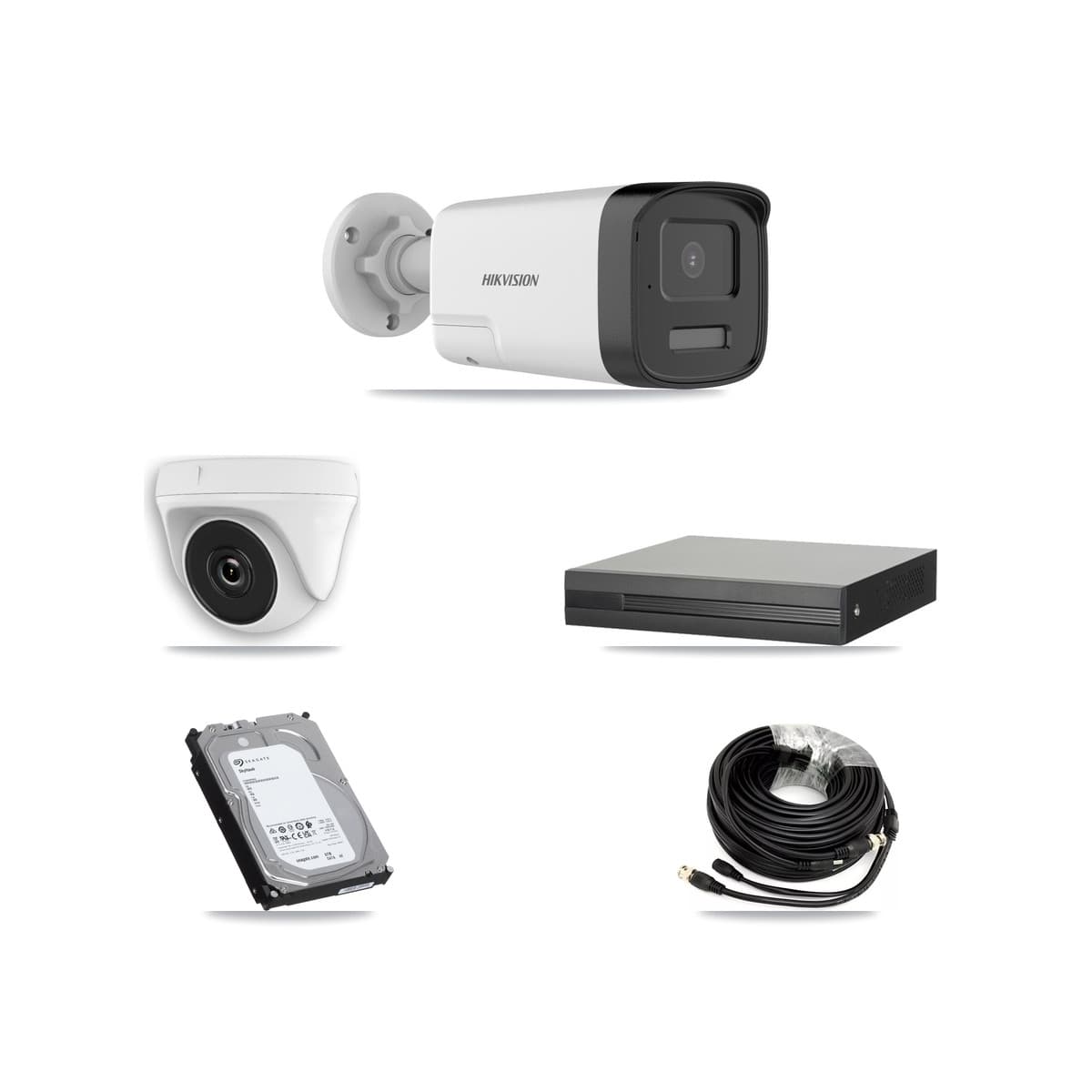 Hikvision 4-Channel 2MP – 5MP CCTV Kit — 2 DS-2CE17K0T 5MP Bullet + 2 White HDT-2MP-N20W 2MP Dome Cameras + 6TB Recording (XVR-3104HS Recorder)