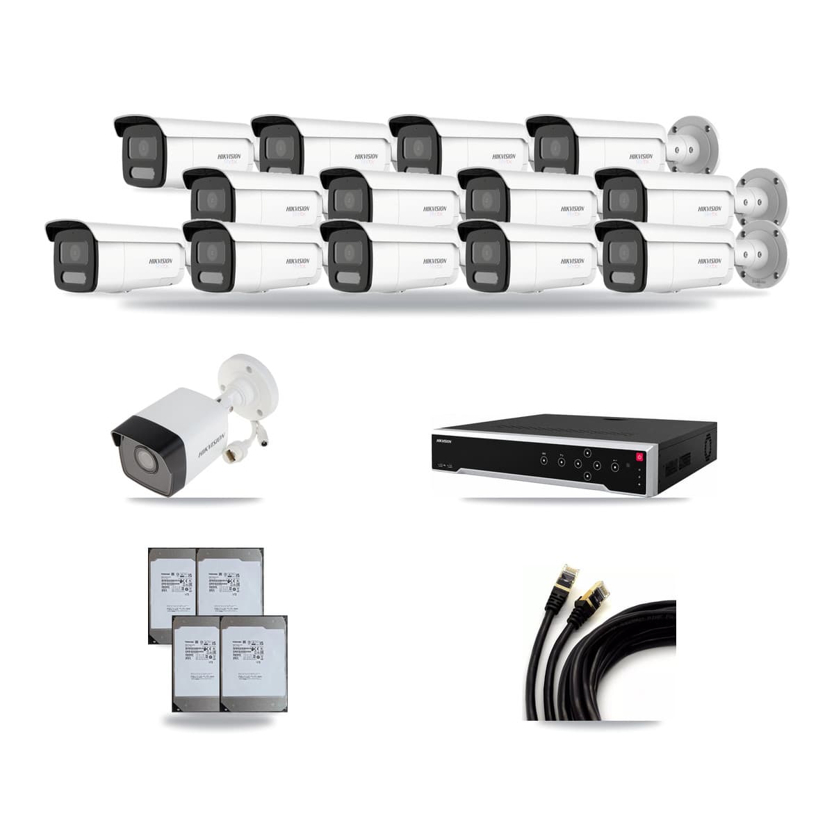 Hikvision 32-channel CCTV kit: 14 cameras (13× 4K Bullet + 1× 5MP Bullet), 4× 14TB hard drive