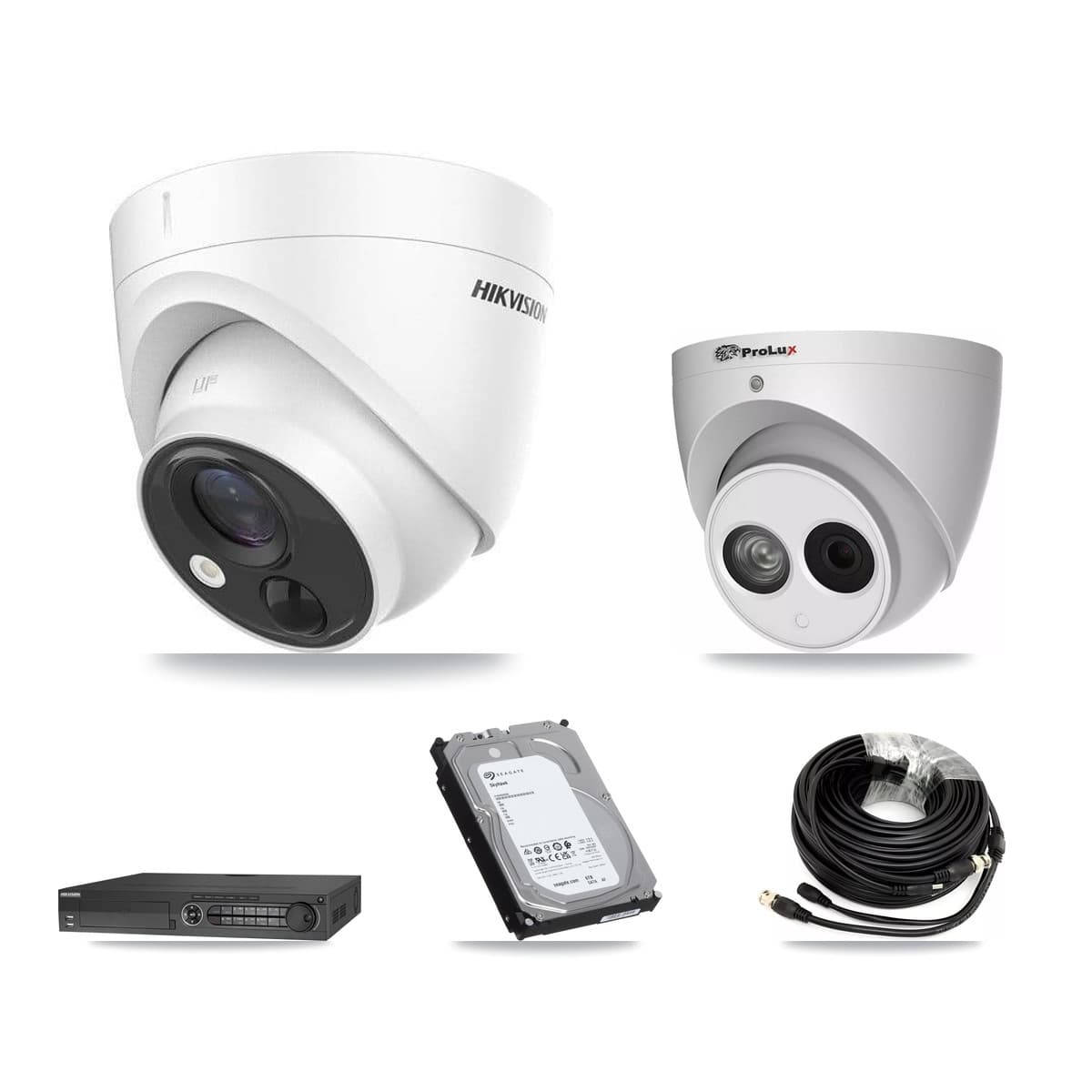 Hikvision & Prolux 32-Channel 4MP – 5MP CCTV Kit — 7 DS-2CE71H0T 5MP + 1 PXC-612C4W-A 4MP Turret Cameras + 2× 6TB Recording