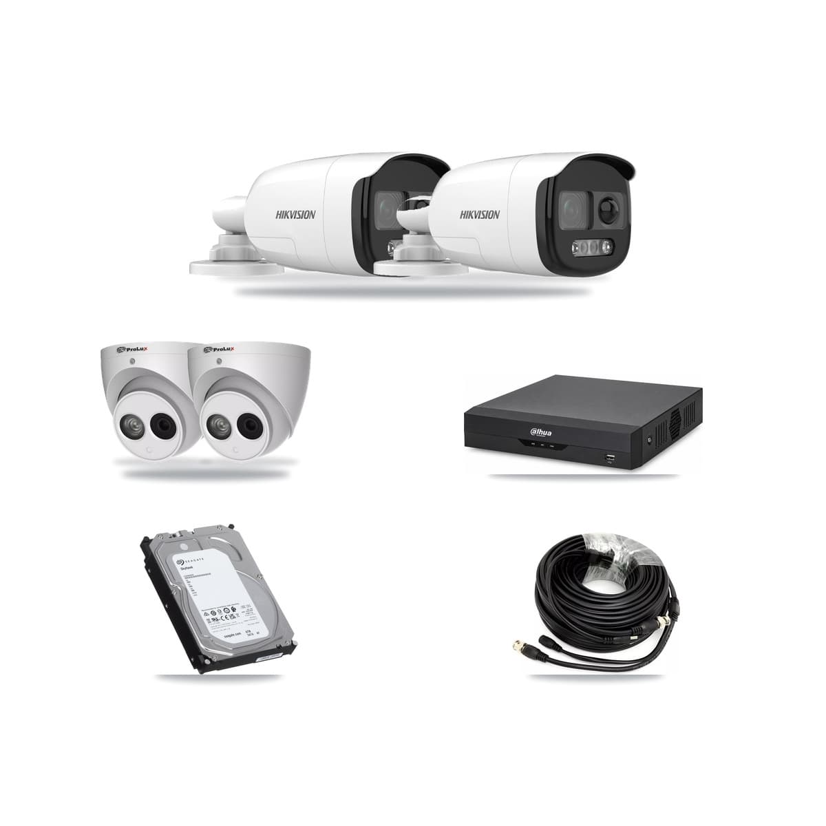 4-Channel 4MP – 5MP CCTV Kit — 2 DS-2CE12KF3T 5MP Bullet + 2 PXC-612C4W-A 4MP Turret Cameras + 6TB Recording (DH-XVR5104HS Recorder) - Image 1