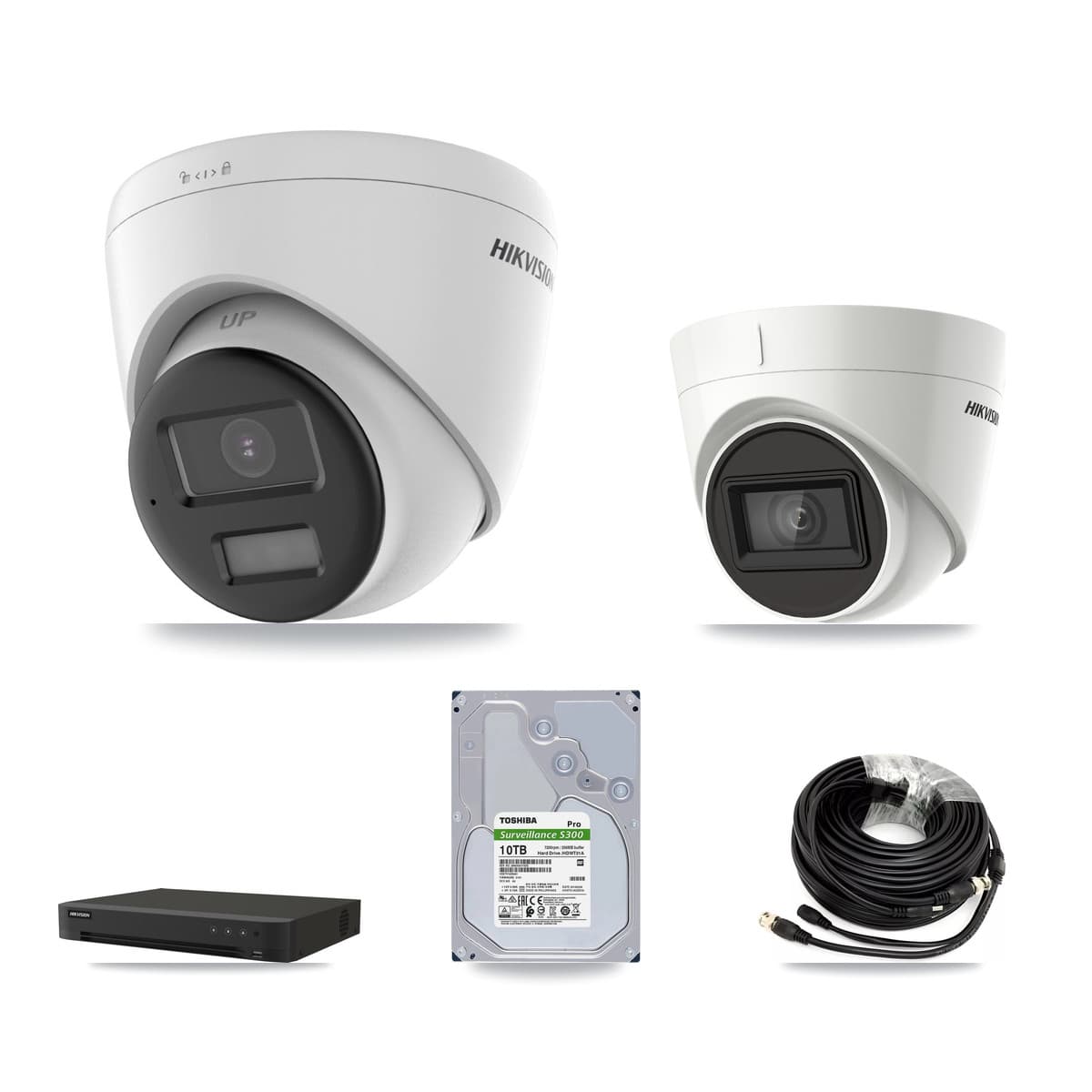 Hikvision 8-Channel 4K CCTV Kit — 2 DS-2CE78U0T-LPTS + 2 DS-2CE78U1T-IT3F Turret Cameras + 10TB Recording (IDS-7208HUHI-M1/XT Recorder)