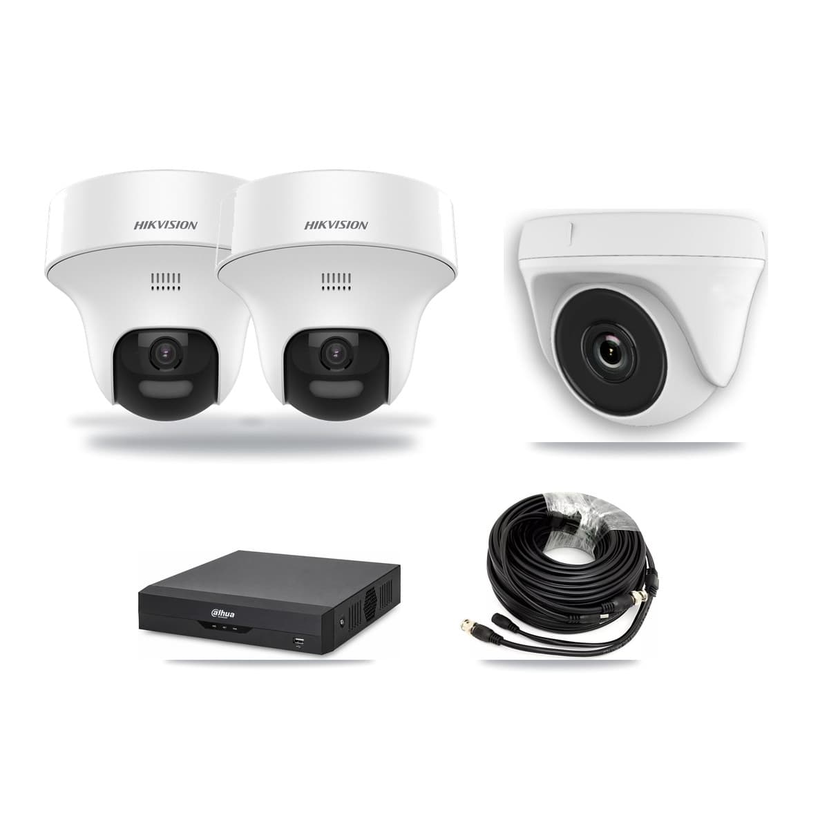 Hikvision & Dahua 4-Channel 2MP – 5MP CCTV Kit — 2 5MP Turret + 1 2MP Dome Cameras + 3TB Recording - Image 1