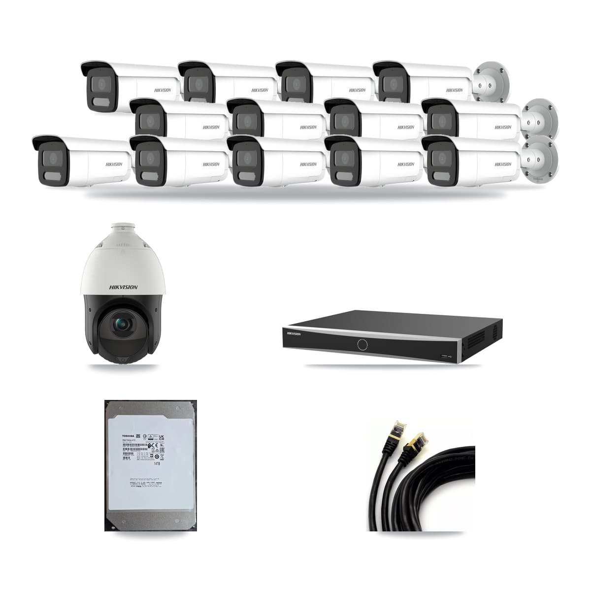 Hikvision 16-Channel 4MP CCTV Kit — 13 Bullet + 1 PTZ Cameras + 14TB Recording (DS-7616NXI Recorder) - Image 1