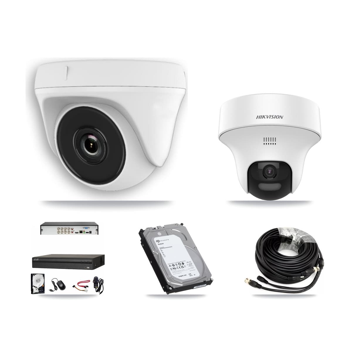 Hikvision & Dahua 8-Channel 2MP – 5MP CCTV Kit — 1 DS-2CE70K0T 5MP Turret + 7 White HDT-2MP-N20W 2MP Dome Cameras + 6TB Recording